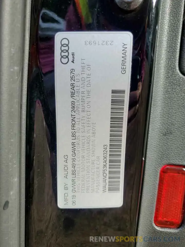 12 Фотография поврежденного автомобиля WAUANCF53KA063243 AUDI A5 2019