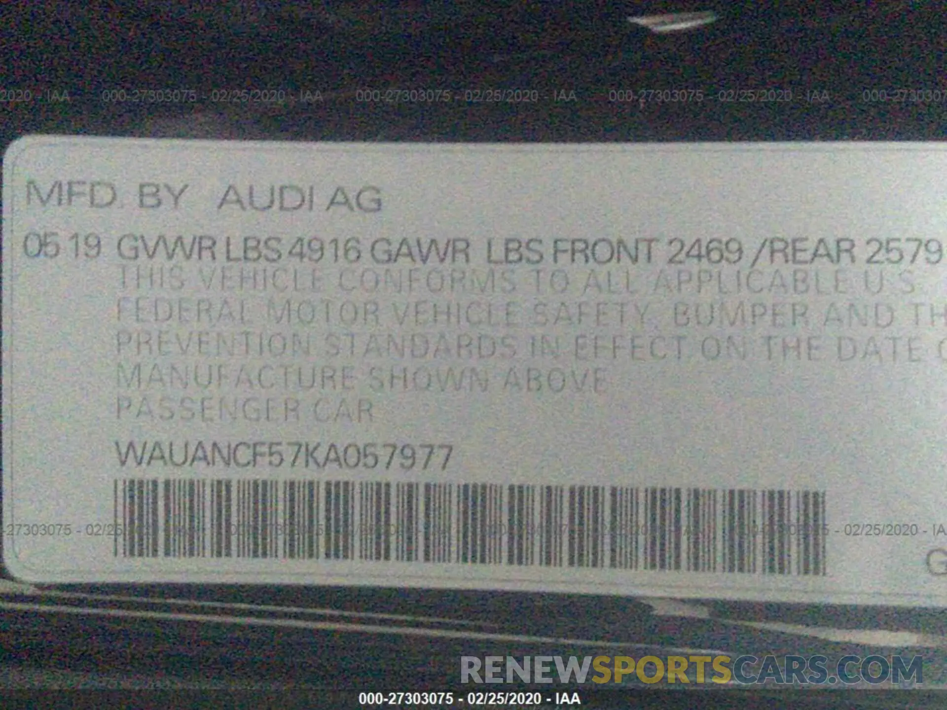 9 Photograph of a damaged car WAUANCF57KA057977 AUDI A5 2019