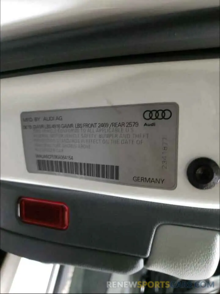 10 Photograph of a damaged car WAUANCF59KA064154 AUDI A5 2019