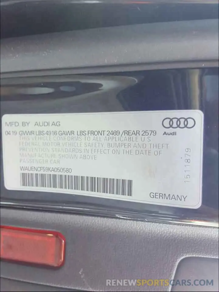 10 Photograph of a damaged car WAUENCF59KA050580 AUDI A5 2019