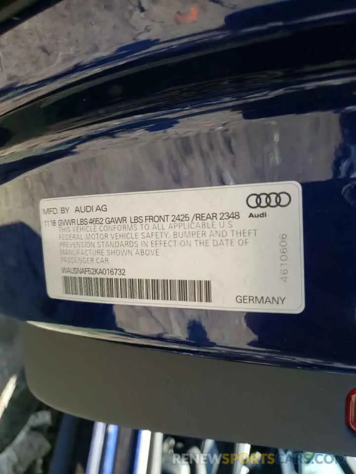 10 Фотография поврежденного автомобиля WAUSNAF52KA016732 AUDI A5 2019