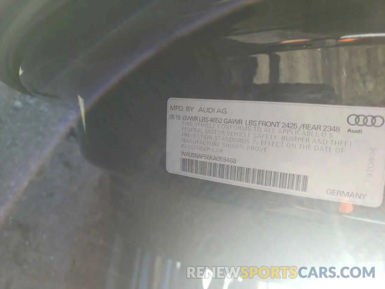 10 Photograph of a damaged car WAUSNAF56KA059468 AUDI A5 2019