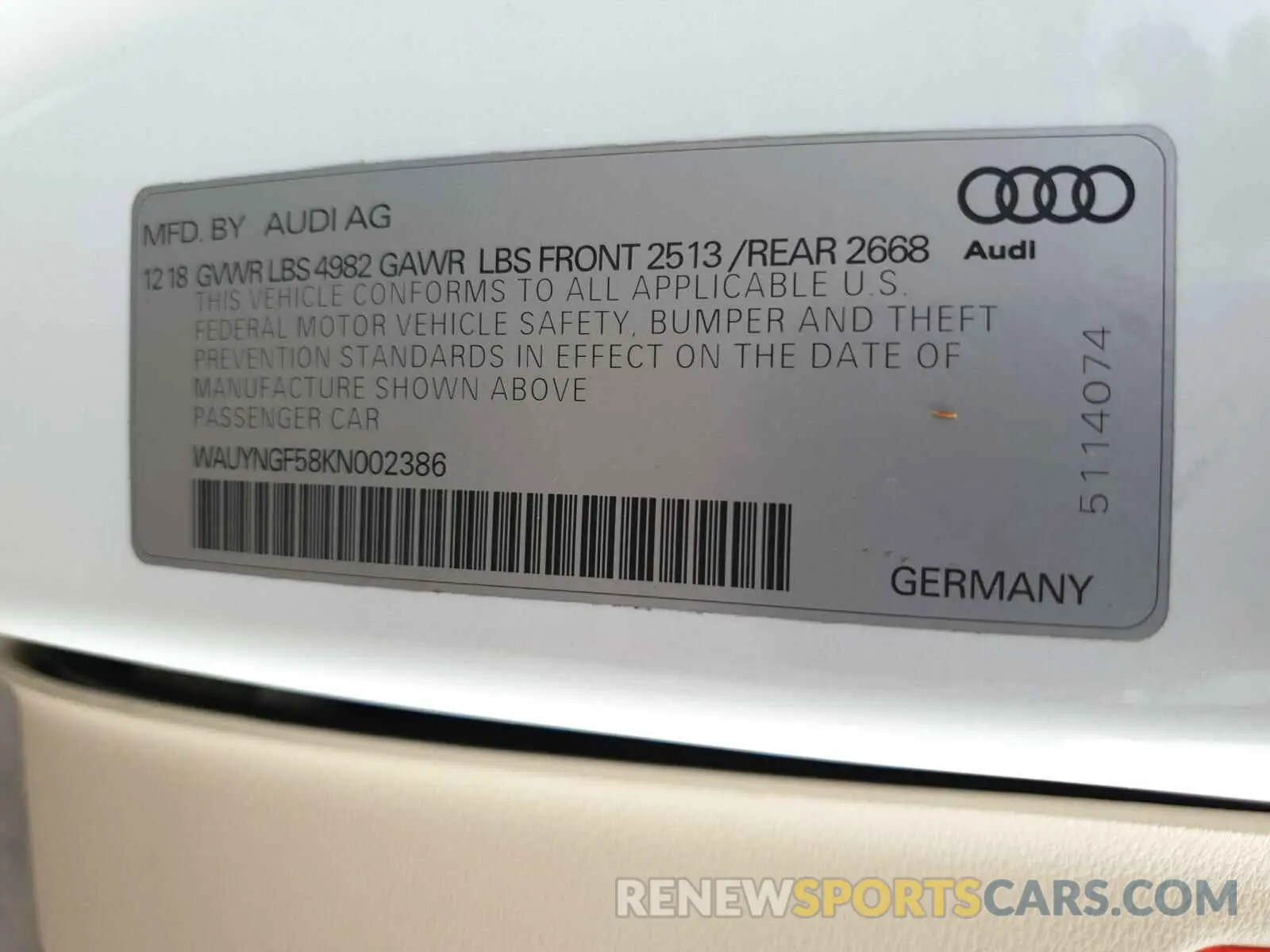 10 Photograph of a damaged car WAUYNGF58KN002386 AUDI A5 2019