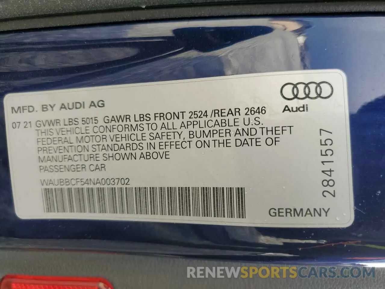 13 Фотография поврежденного автомобиля WAUBBCF54NA003702 AUDI A5 2022
