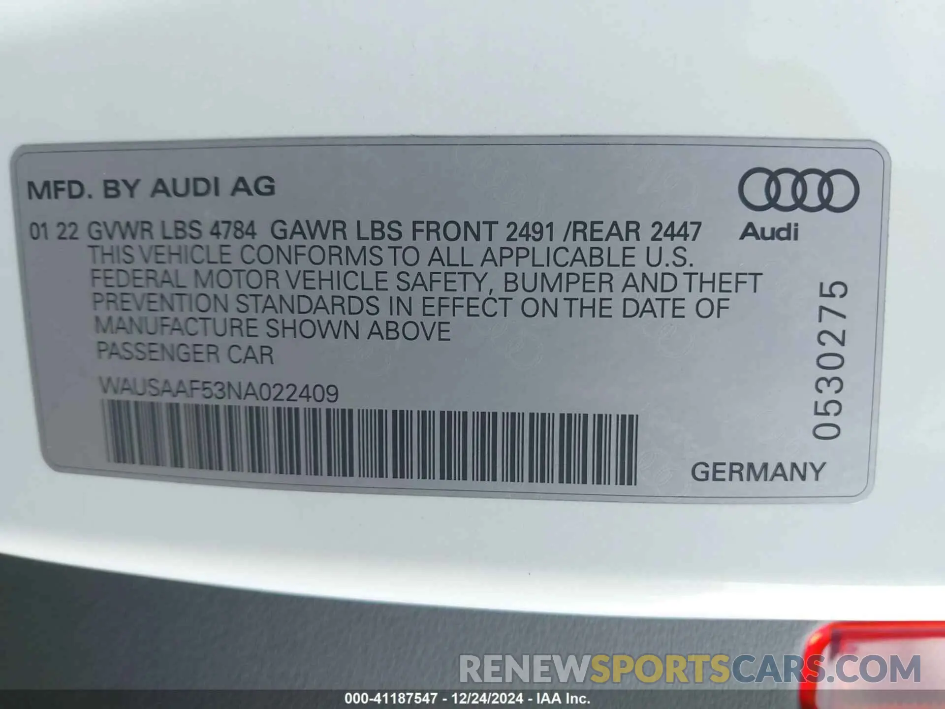 9 Photograph of a damaged car WAUSAAF53NA022409 AUDI A5 2022