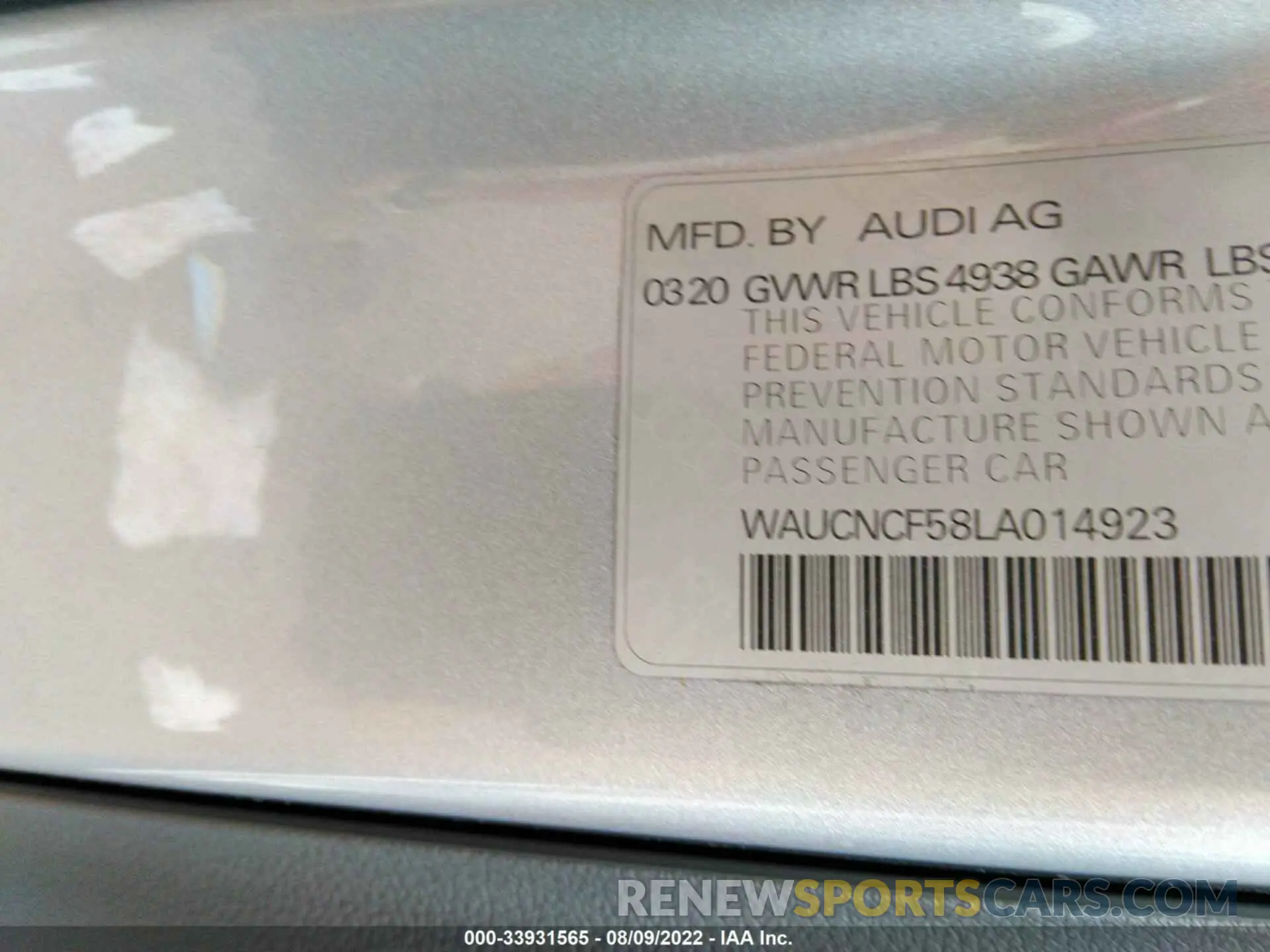 9 Photograph of a damaged car WAUCNCF58LA014923 AUDI A5 SPORTBACK 2020