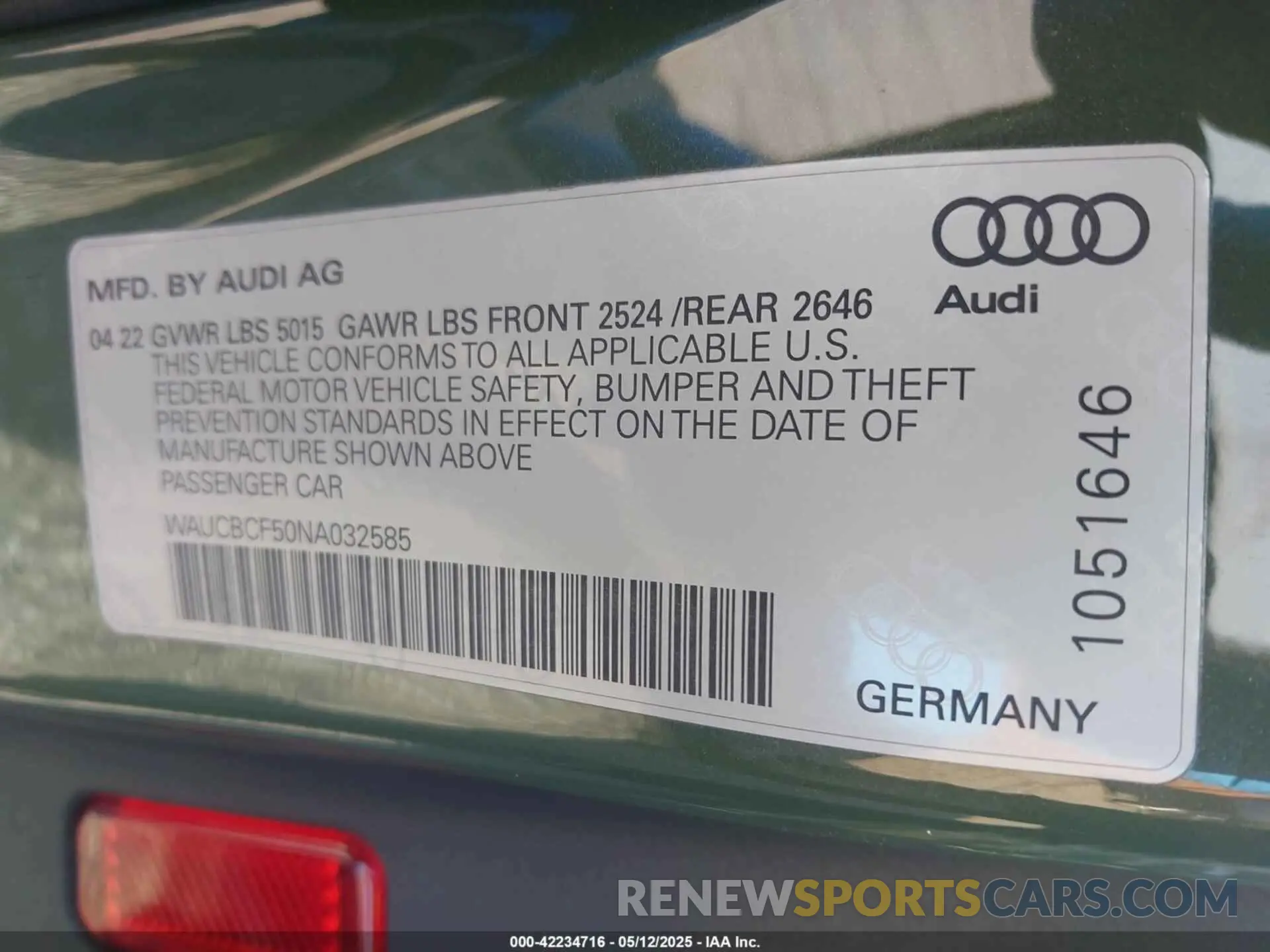9 Photograph of a damaged car WAUCBCF50NA032585 AUDI A5 SPORTBACK 2022
