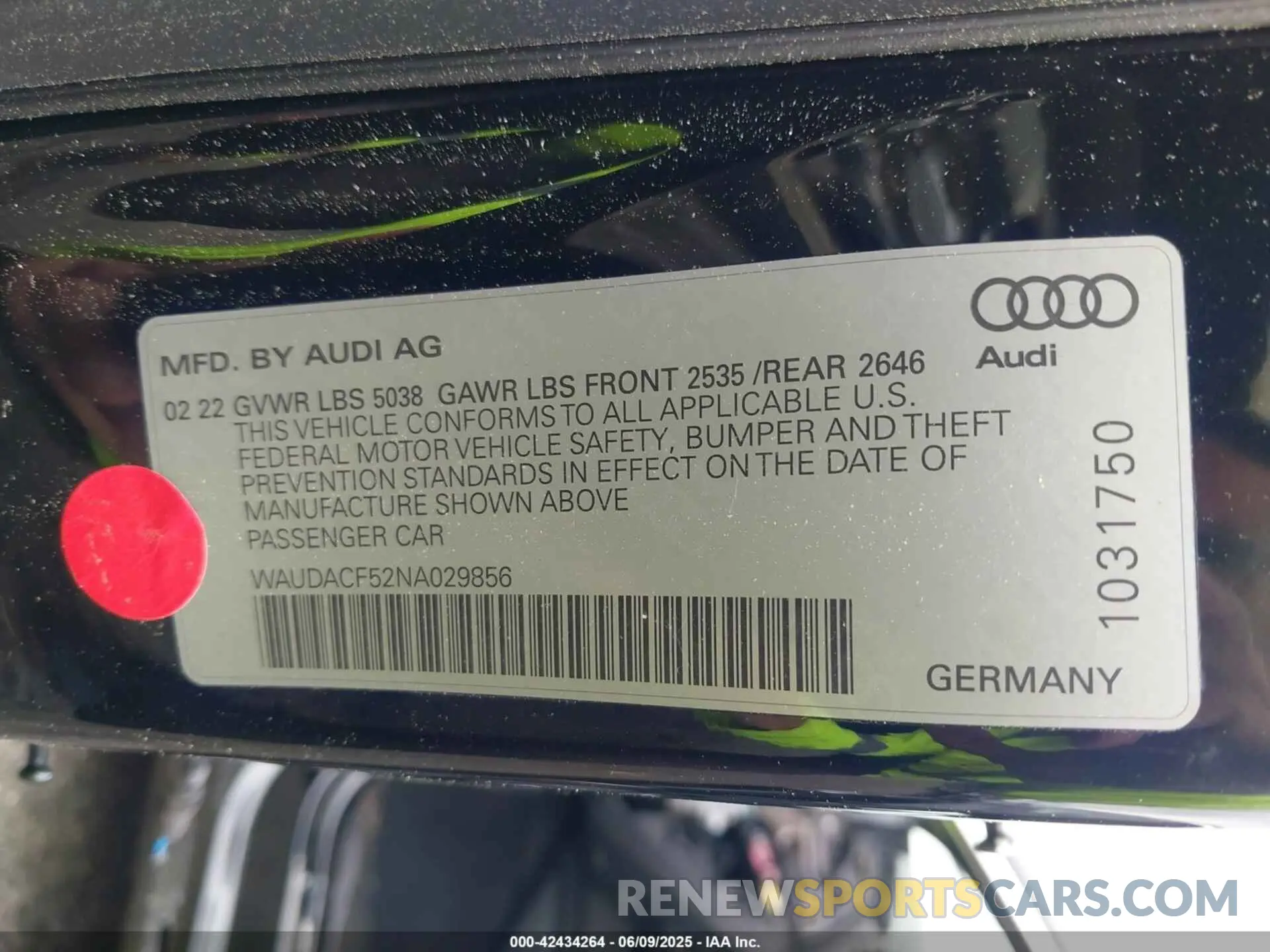 9 Photograph of a damaged car WAUDACF52NA029856 AUDI A5 SPORTBACK 2022