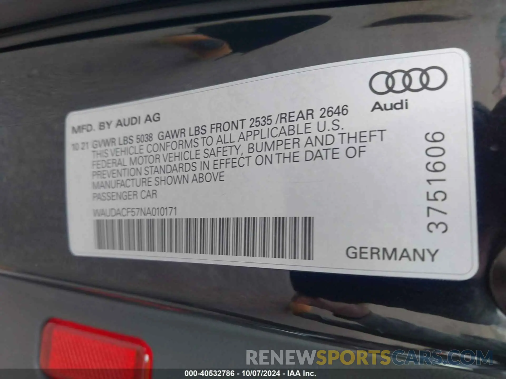 9 Photograph of a damaged car WAUDACF57NA010171 AUDI A5 SPORTBACK 2022