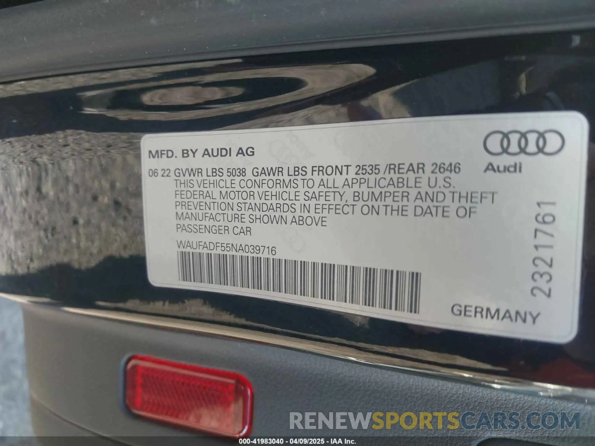 9 Фотография поврежденного автомобиля WAUFADF55NA039716 AUDI A5 SPORTBACK 2022