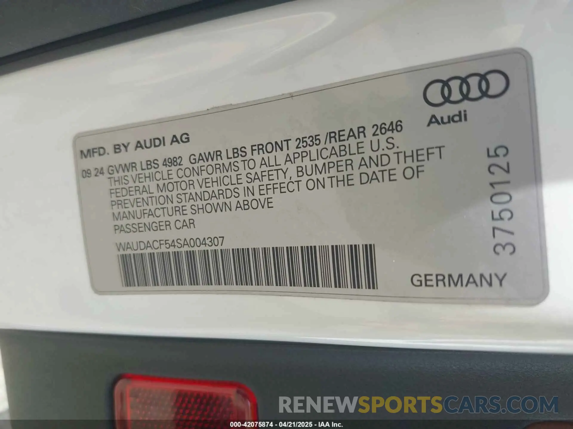 9 Фотография поврежденного автомобиля WAUDACF54SA004307 AUDI A5 SPORTBACK 2025