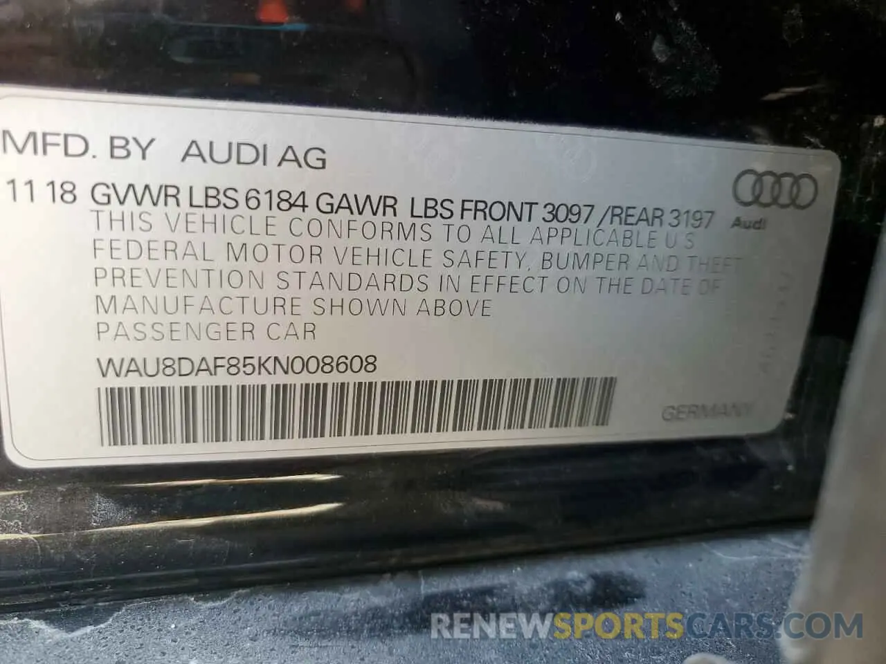 12 Photograph of a damaged car WAU8DAF85KN008608 AUDI A8 2019