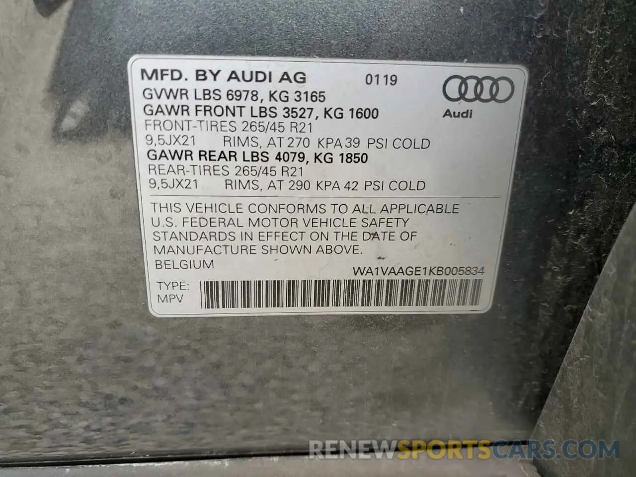 13 Photograph of a damaged car WA1VAAGE1KB005834 AUDI E-TRON 2019