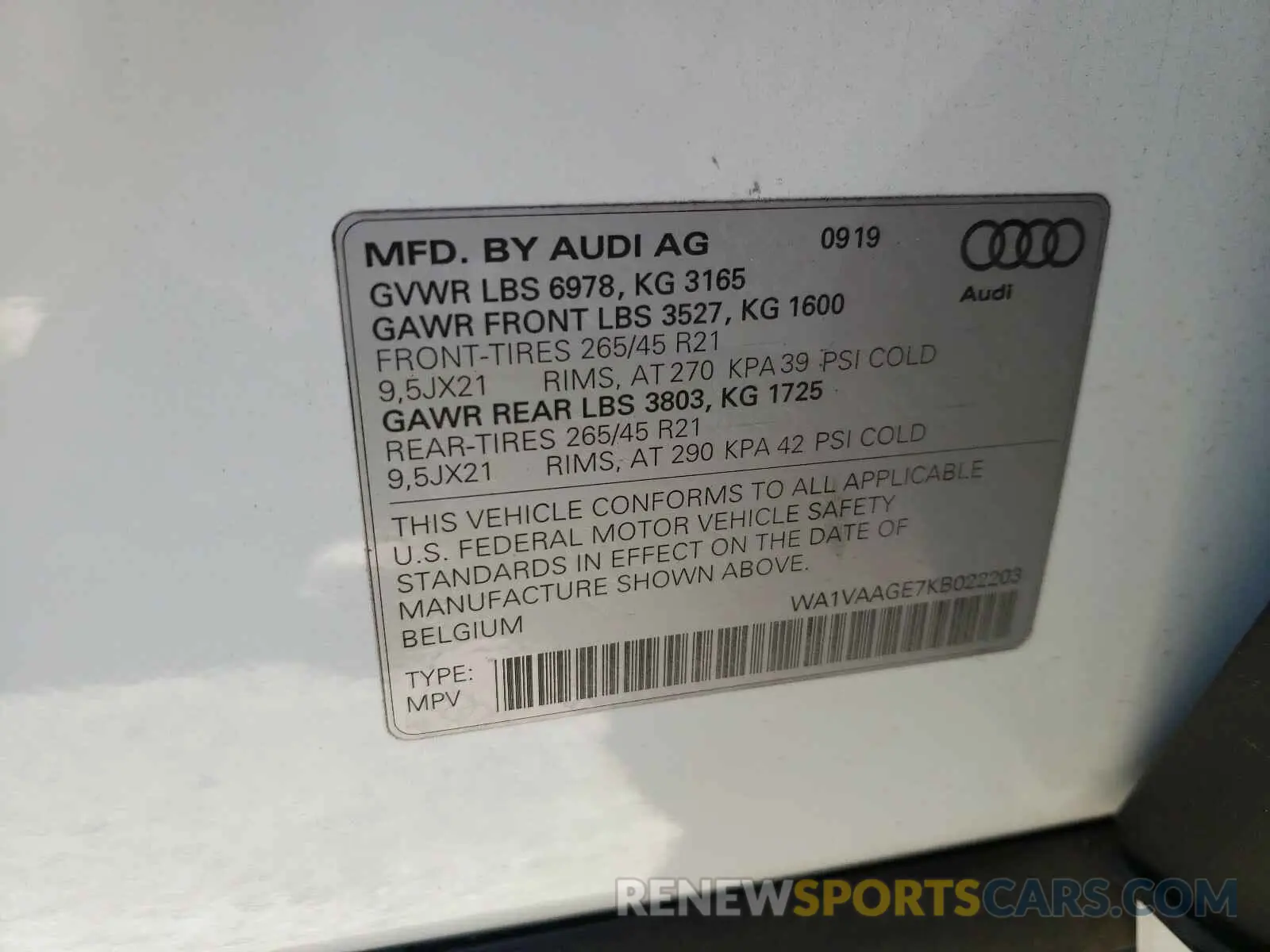 10 Фотография поврежденного автомобиля WA1VAAGE7KB022203 AUDI E-TRON 2019