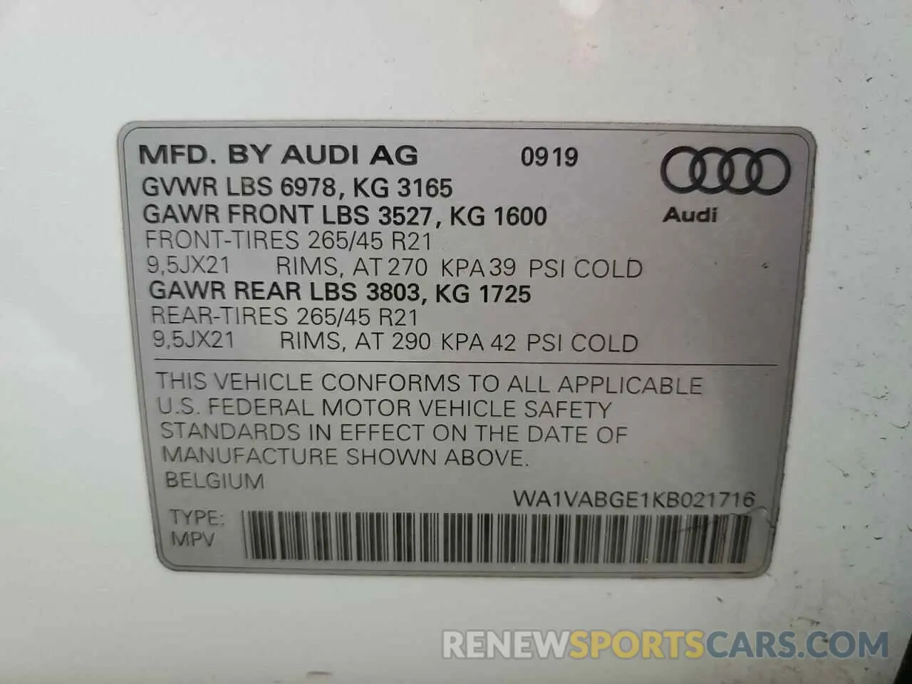 14 Photograph of a damaged car WA1VABGE1KB021716 AUDI E-TRON 2019