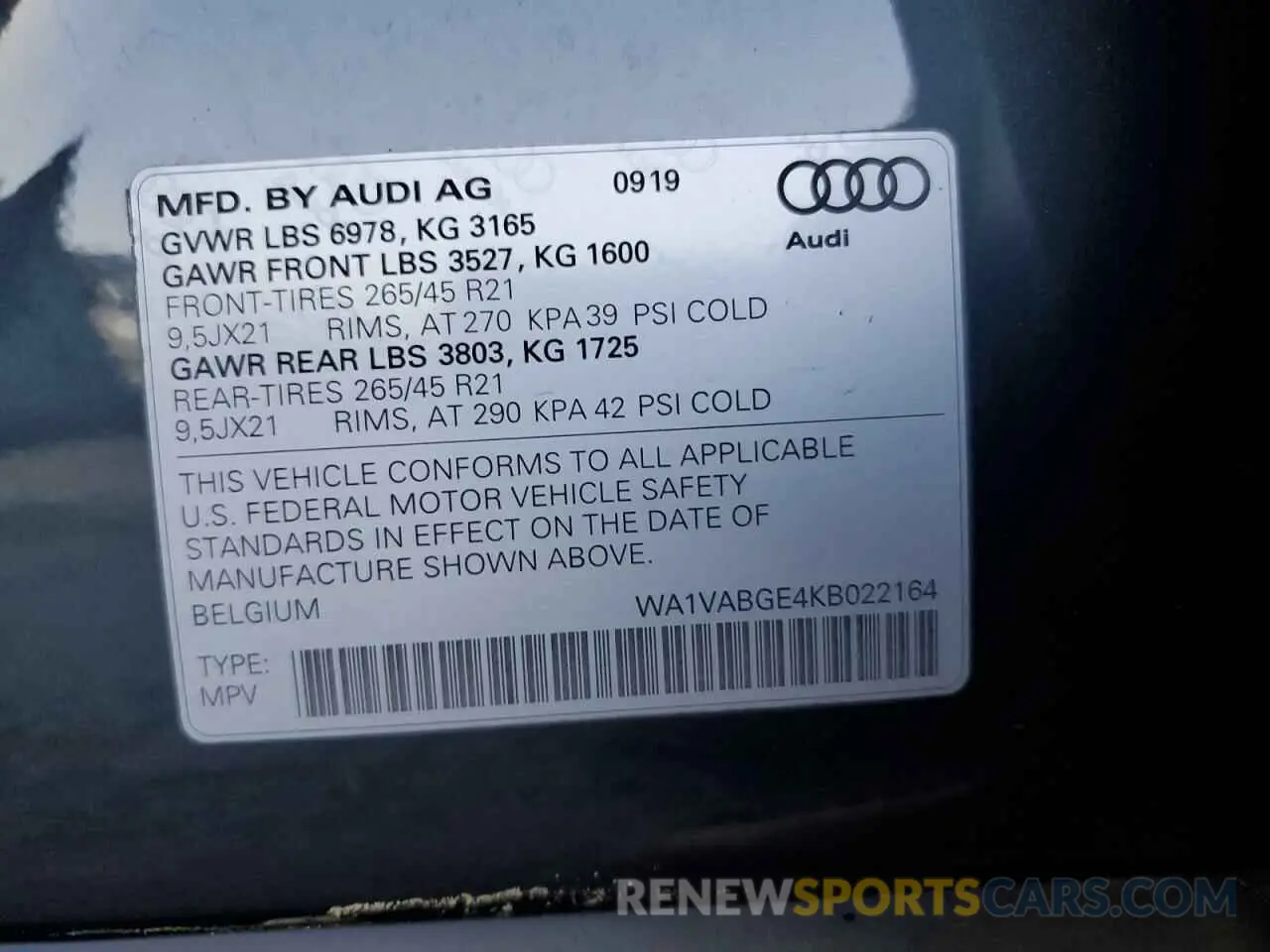 13 Фотография поврежденного автомобиля WA1VABGE4KB022164 AUDI E-TRON 2019