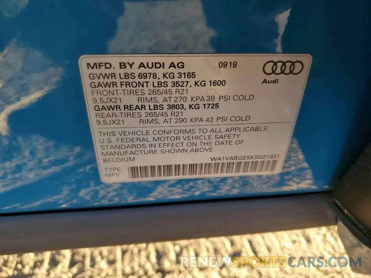13 Photograph of a damaged car WA1VABGE5KB021931 AUDI E-TRON 2019