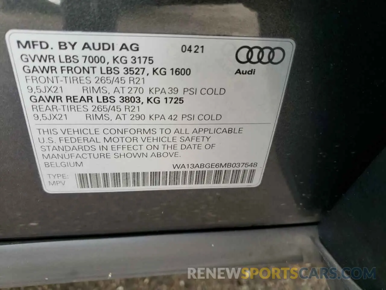13 Фотография поврежденного автомобиля WA13ABGE6MB037548 AUDI E-TRON 2021