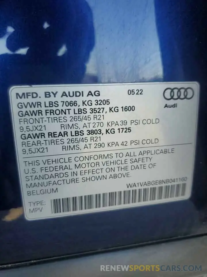 14 Photograph of a damaged car WA1VABGE8NB041160 AUDI E-TRON CHR 2022