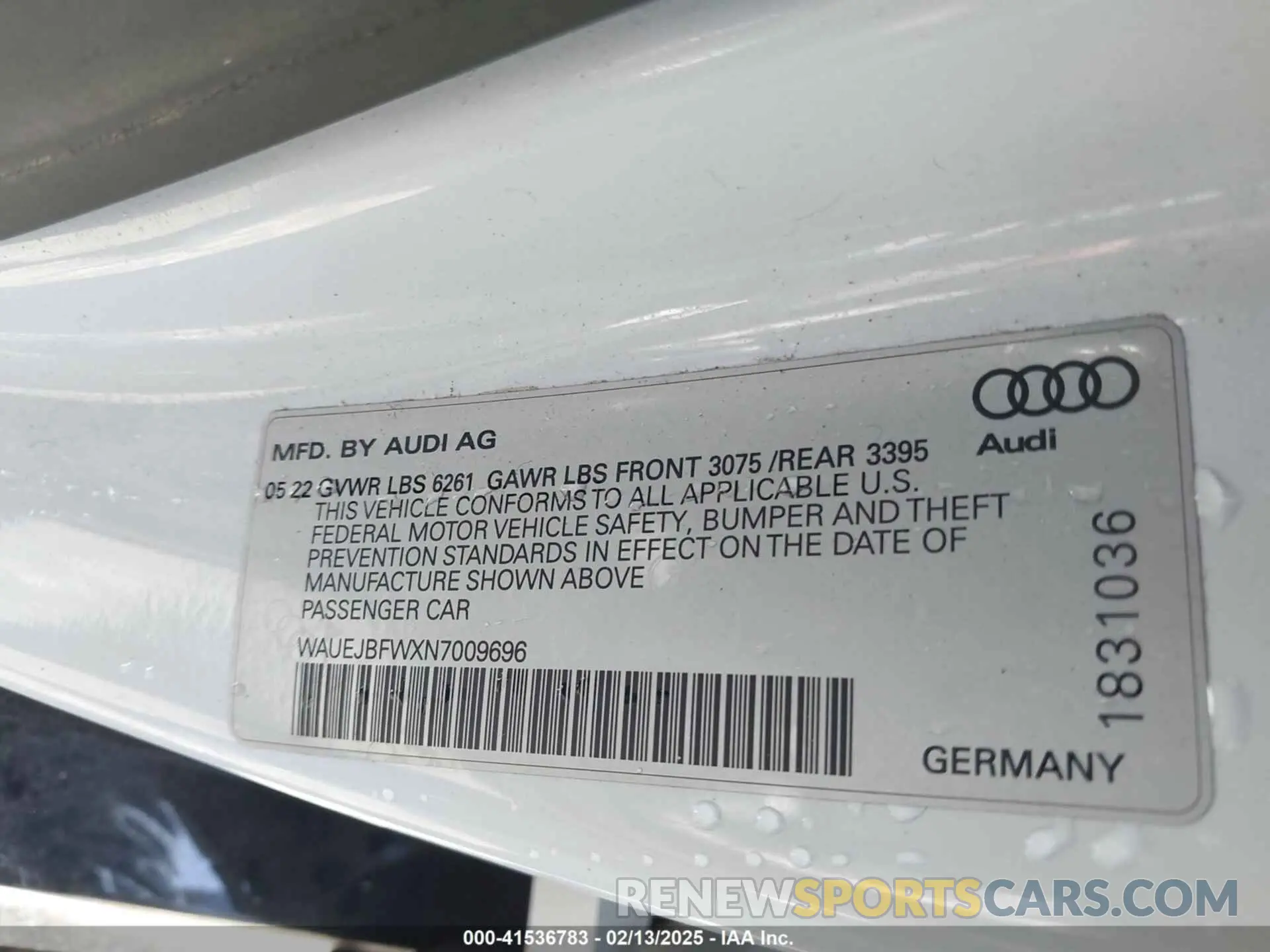 9 Фотография поврежденного автомобиля WAUEJBFWXN7009696 AUDI E-TRON GT 2022