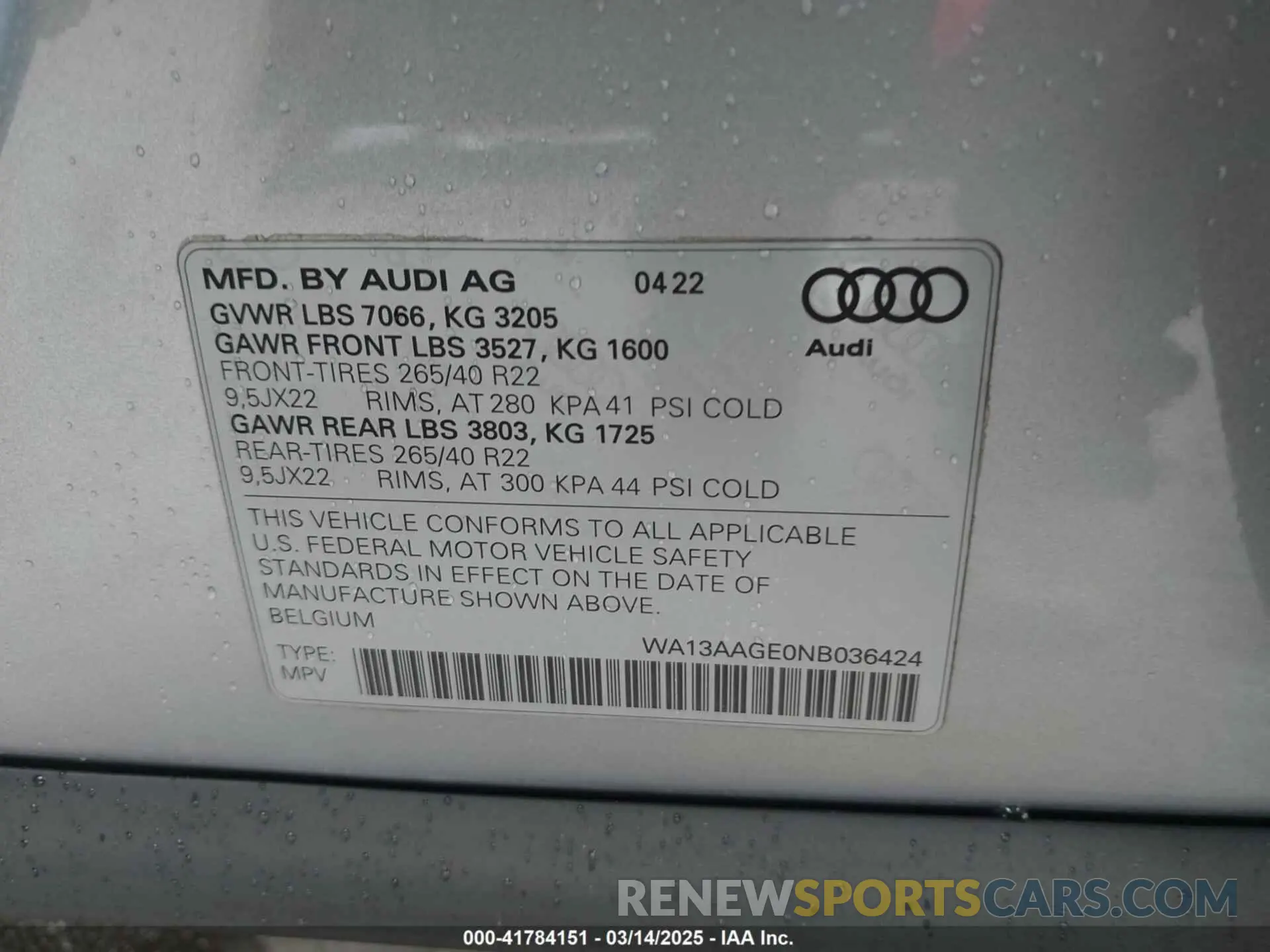 9 Photograph of a damaged car WA13AAGE0NB036424 AUDI E-TRON SPORTBACK 2022