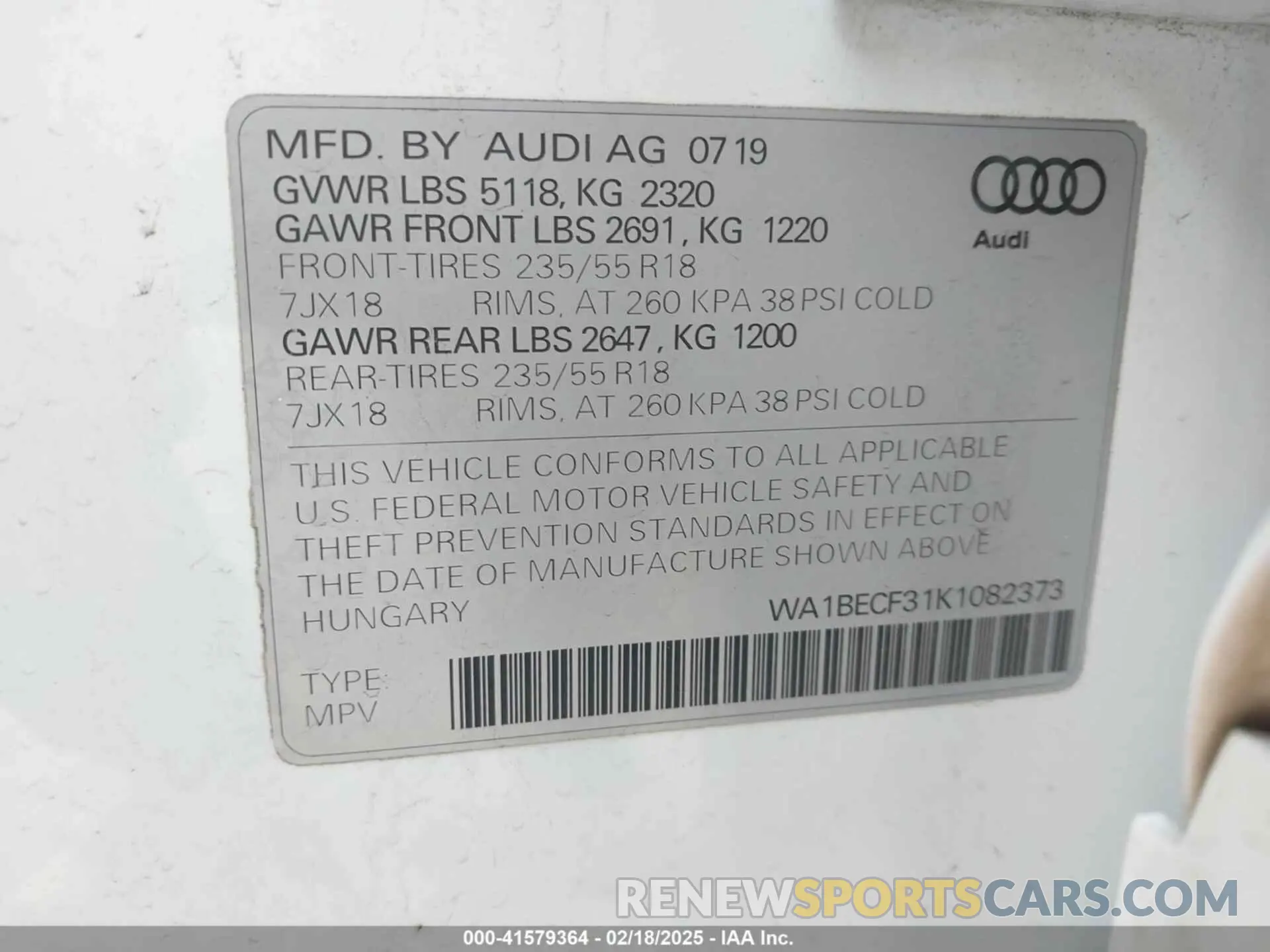 9 Фотография поврежденного автомобиля WA1BECF31K1082373 AUDI Q3 2019