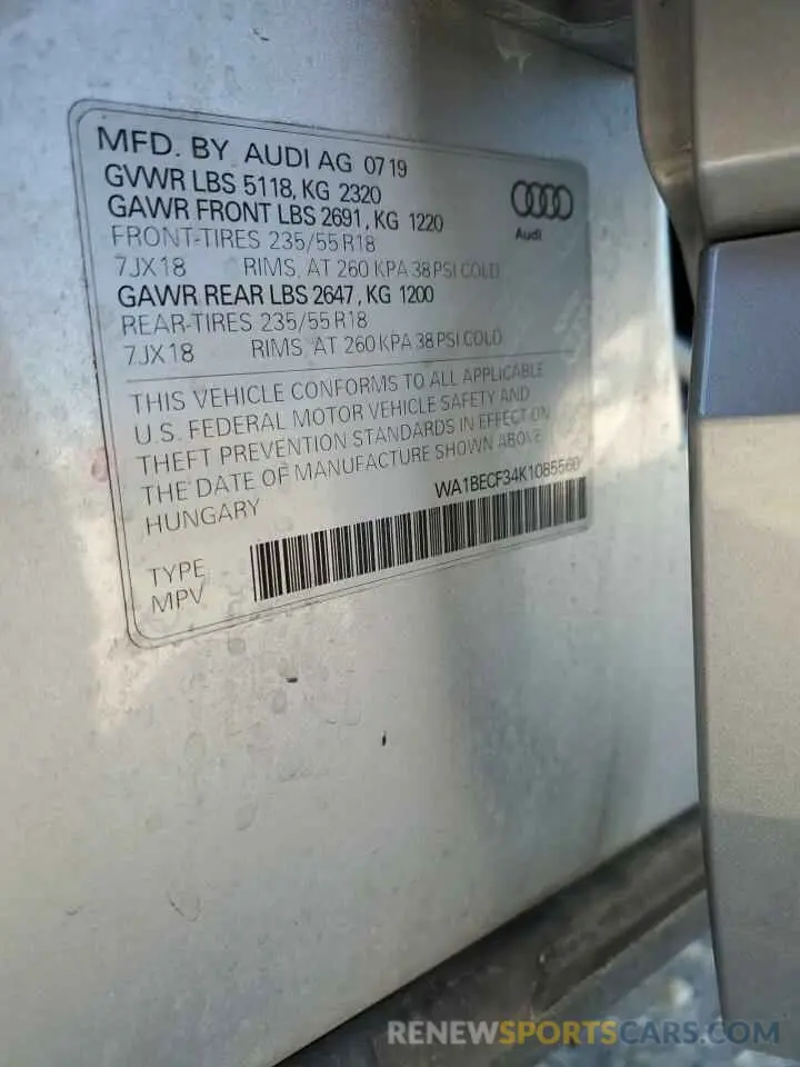 10 Фотография поврежденного автомобиля WA1BECF34K1085560 AUDI Q3 2019