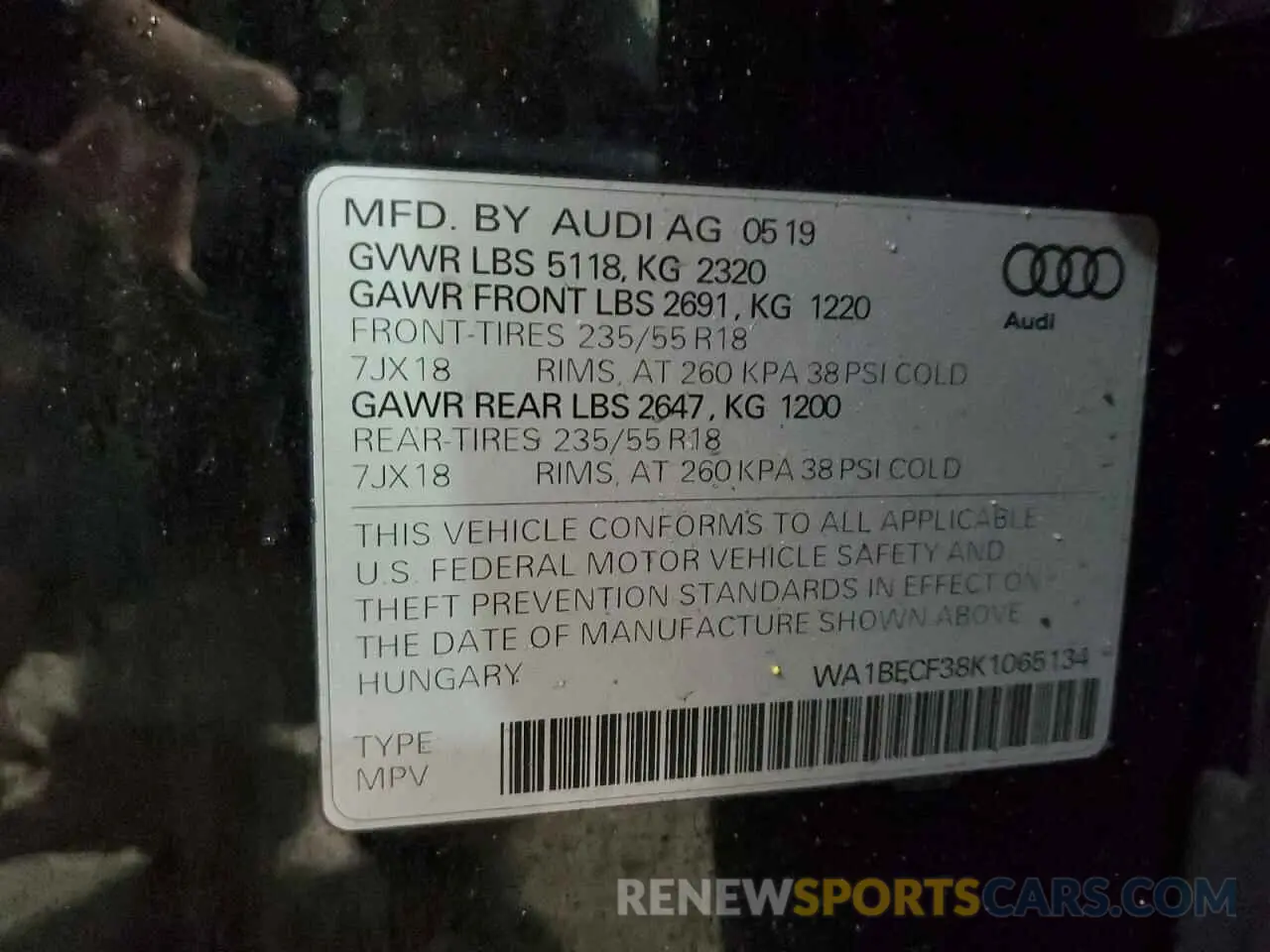 13 Photograph of a damaged car WA1BECF38K1065134 AUDI Q3 2019