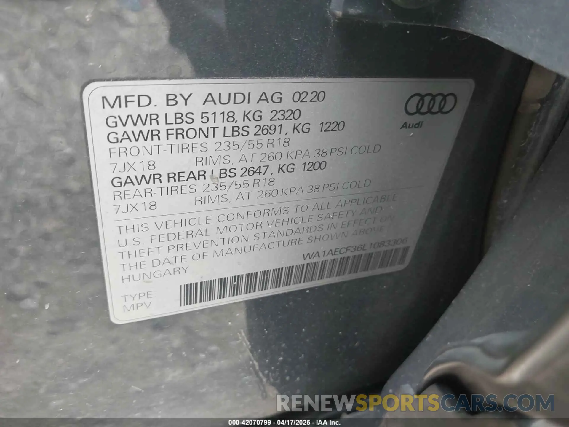 9 Фотография поврежденного автомобиля WA1AECF36L1083306 AUDI Q3 2020