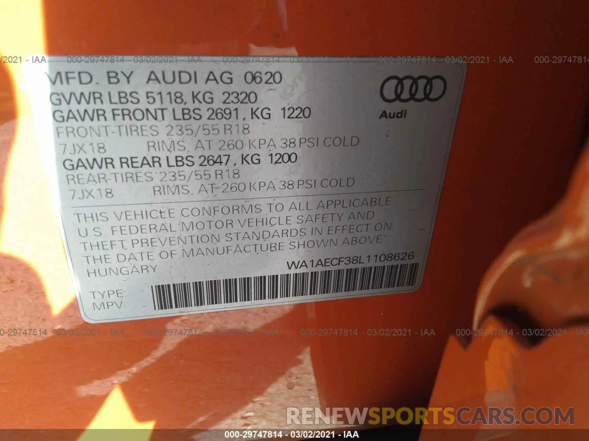 9 Photograph of a damaged car WA1AECF38L1108626 AUDI Q3 2020