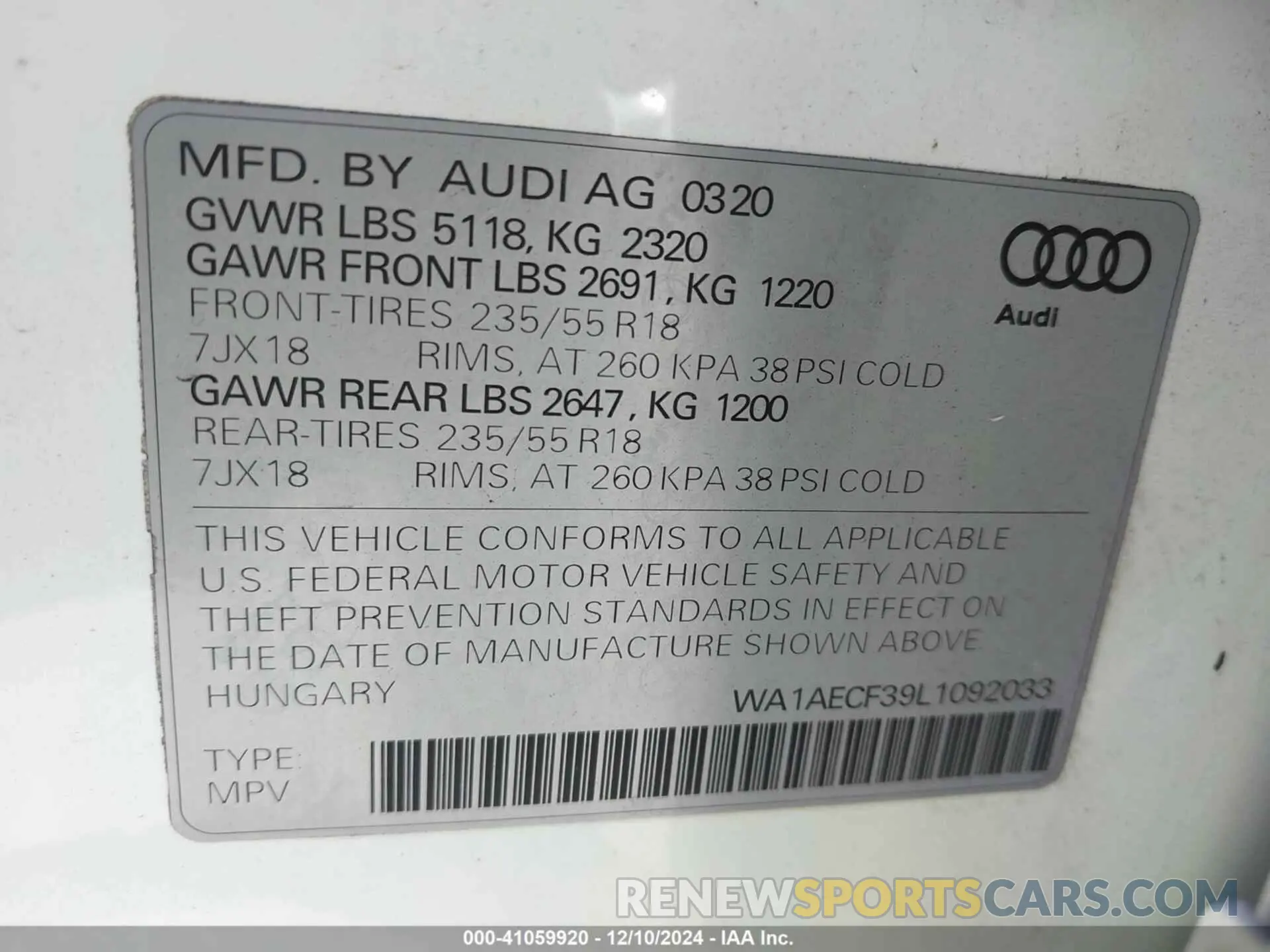 9 Фотография поврежденного автомобиля WA1AECF39L1092033 AUDI Q3 2020