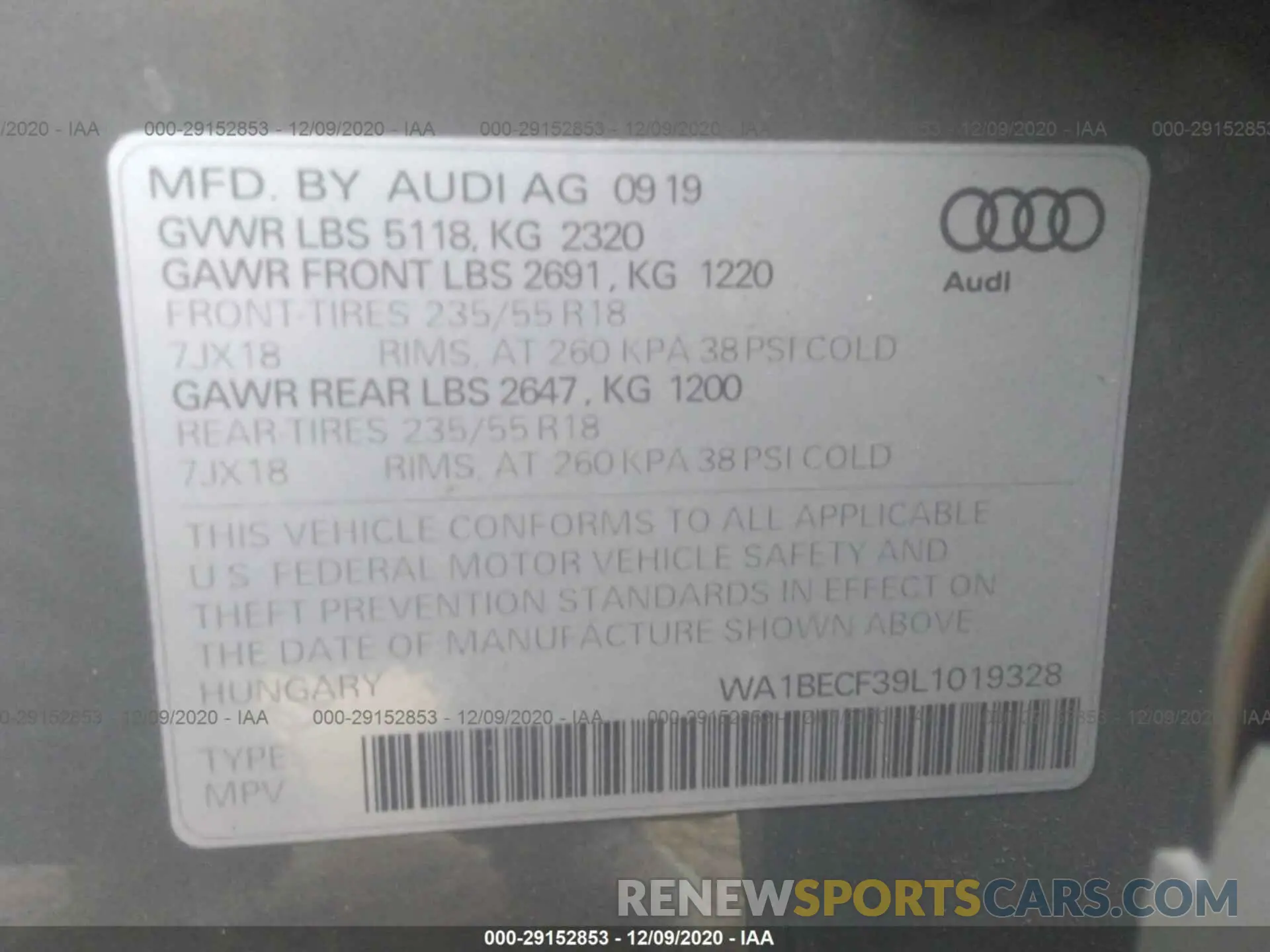 9 Фотография поврежденного автомобиля WA1BECF39L1019328 AUDI Q3 2020