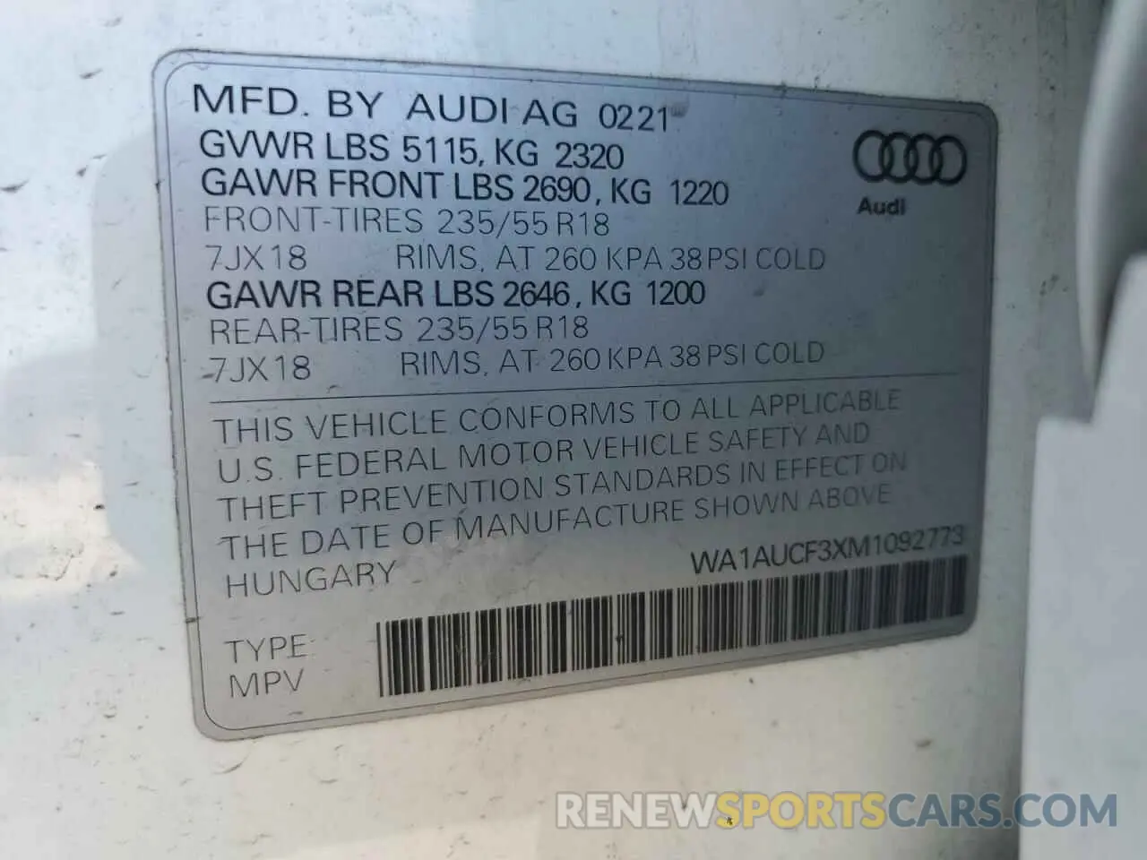 14 Photograph of a damaged car WA1AUCF3XM1092773 AUDI Q3 2021