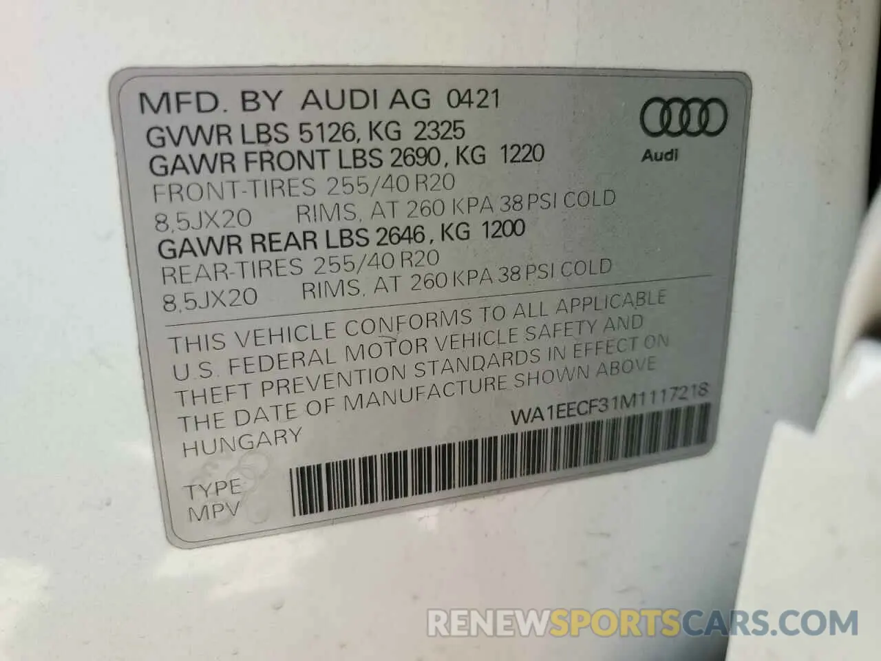 14 Photograph of a damaged car WA1EECF31M1117218 AUDI Q3 2021