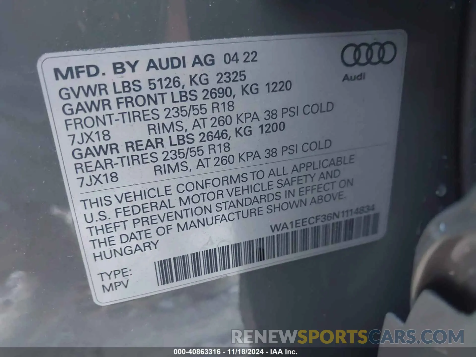 9 Фотография поврежденного автомобиля WA1EECF36N1114834 AUDI Q3 2022