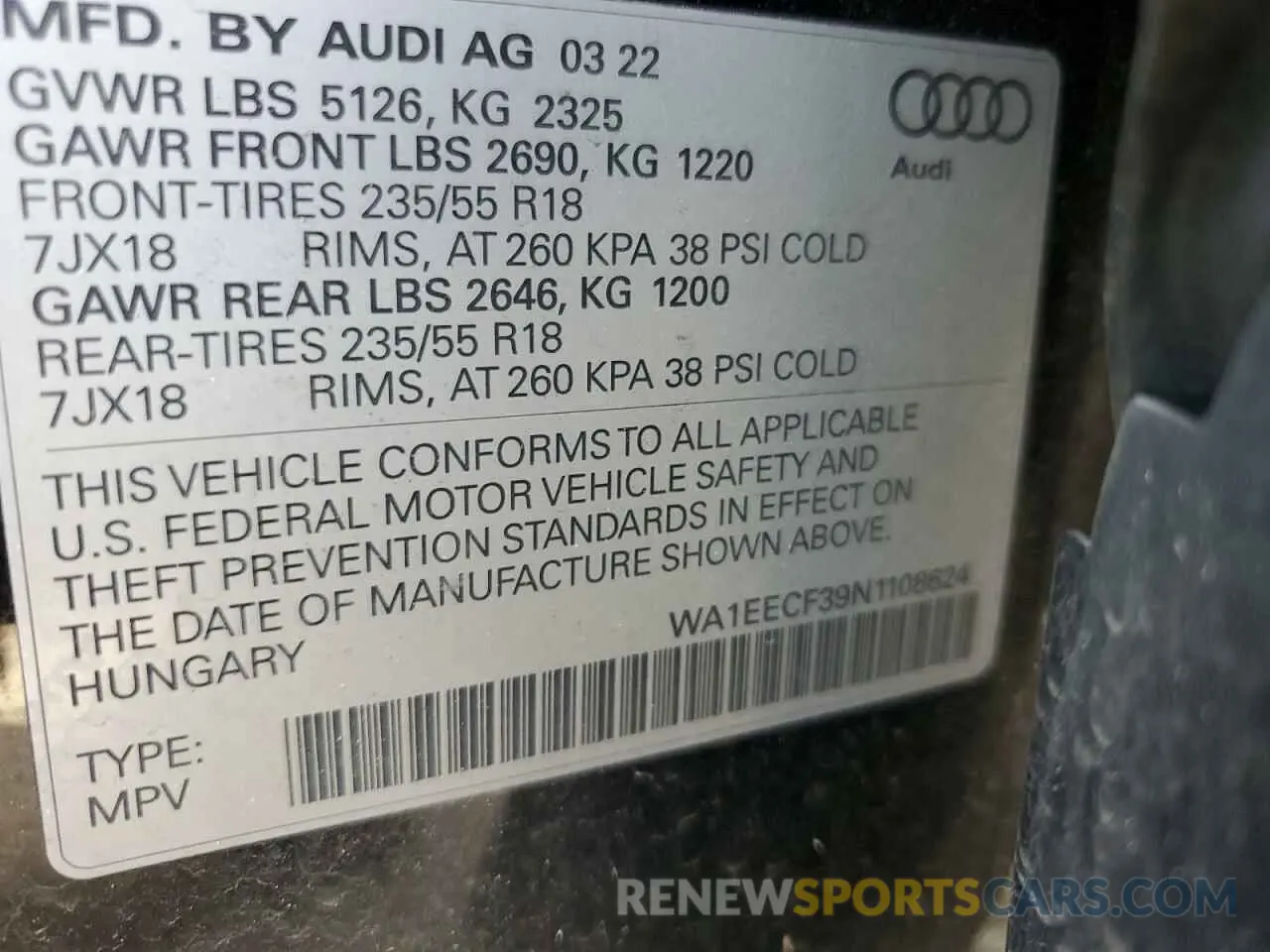 14 Фотография поврежденного автомобиля WA1EECF39N1108624 AUDI Q3 2022