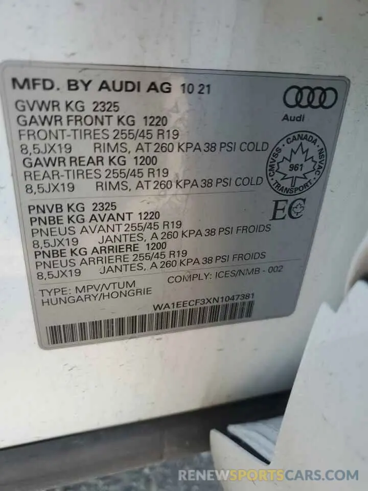 14 Photograph of a damaged car WA1EECF3XN1047381 AUDI Q3 2022