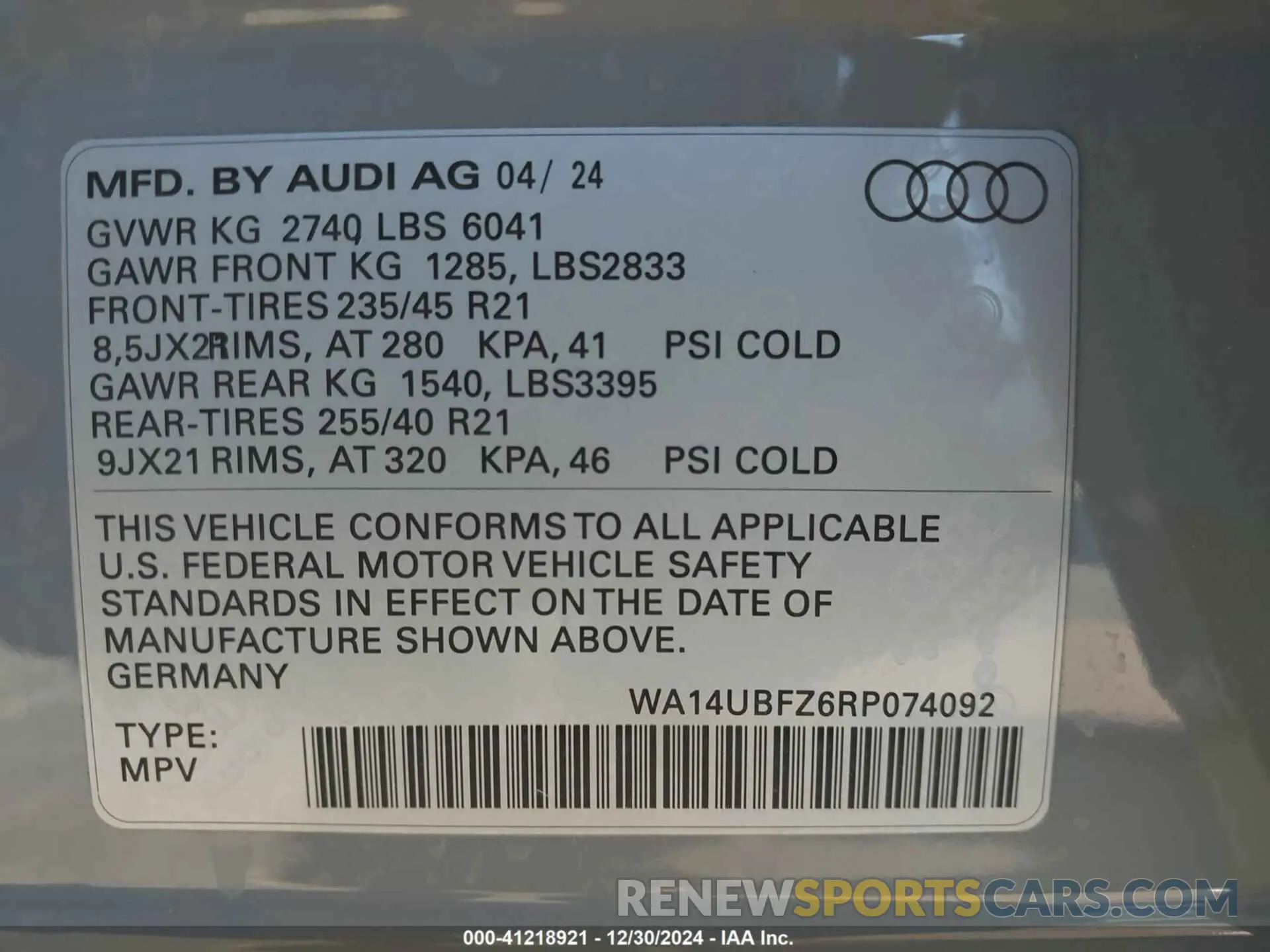 9 Фотография поврежденного автомобиля WA14UBFZ6RP074092 AUDI Q4 SPORTBACK E-TRON 2024