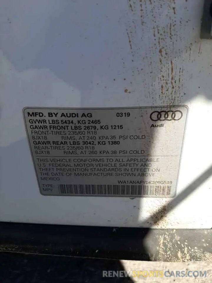 10 Фотография поврежденного автомобиля WA1ANAFY0K2090549 AUDI Q5 2019