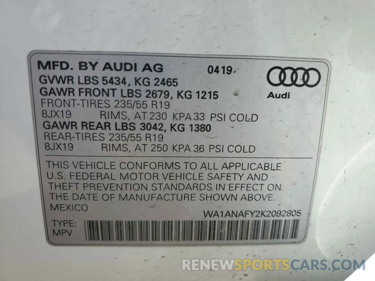 13 Photograph of a damaged car WA1ANAFY2K2092805 AUDI Q5 2019