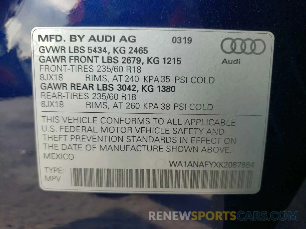 10 Photograph of a damaged car WA1ANAFYXK2087884 AUDI Q5 2019