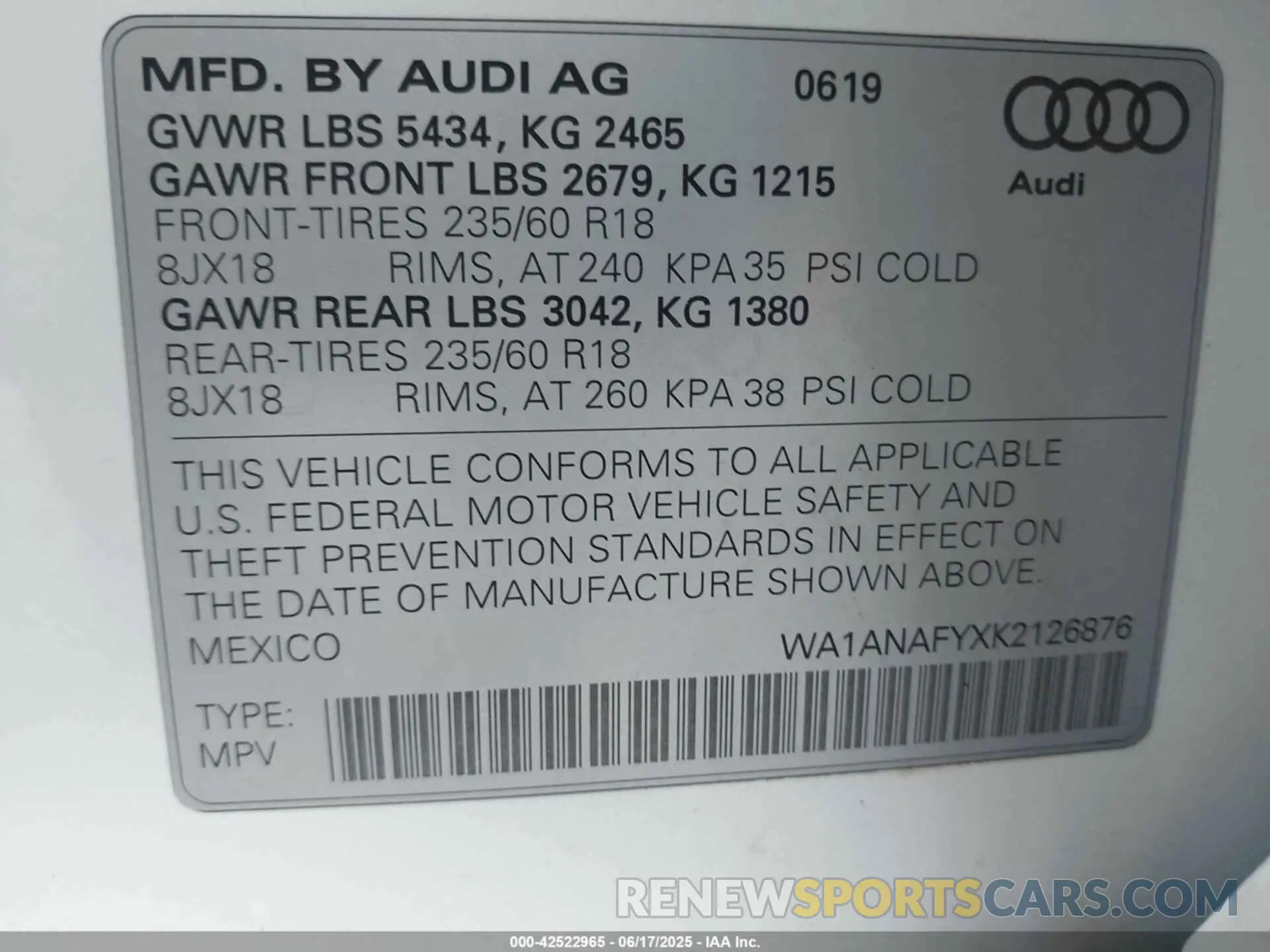 9 Photograph of a damaged car WA1ANAFYXK2126876 AUDI Q5 2019