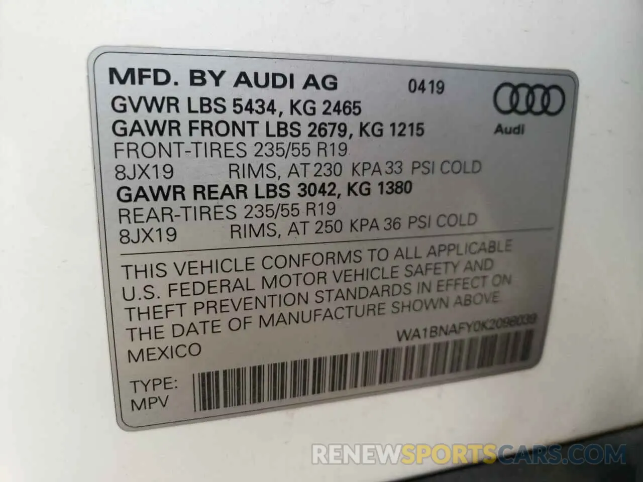 10 Photograph of a damaged car WA1BNAFY0K2098039 AUDI Q5 2019