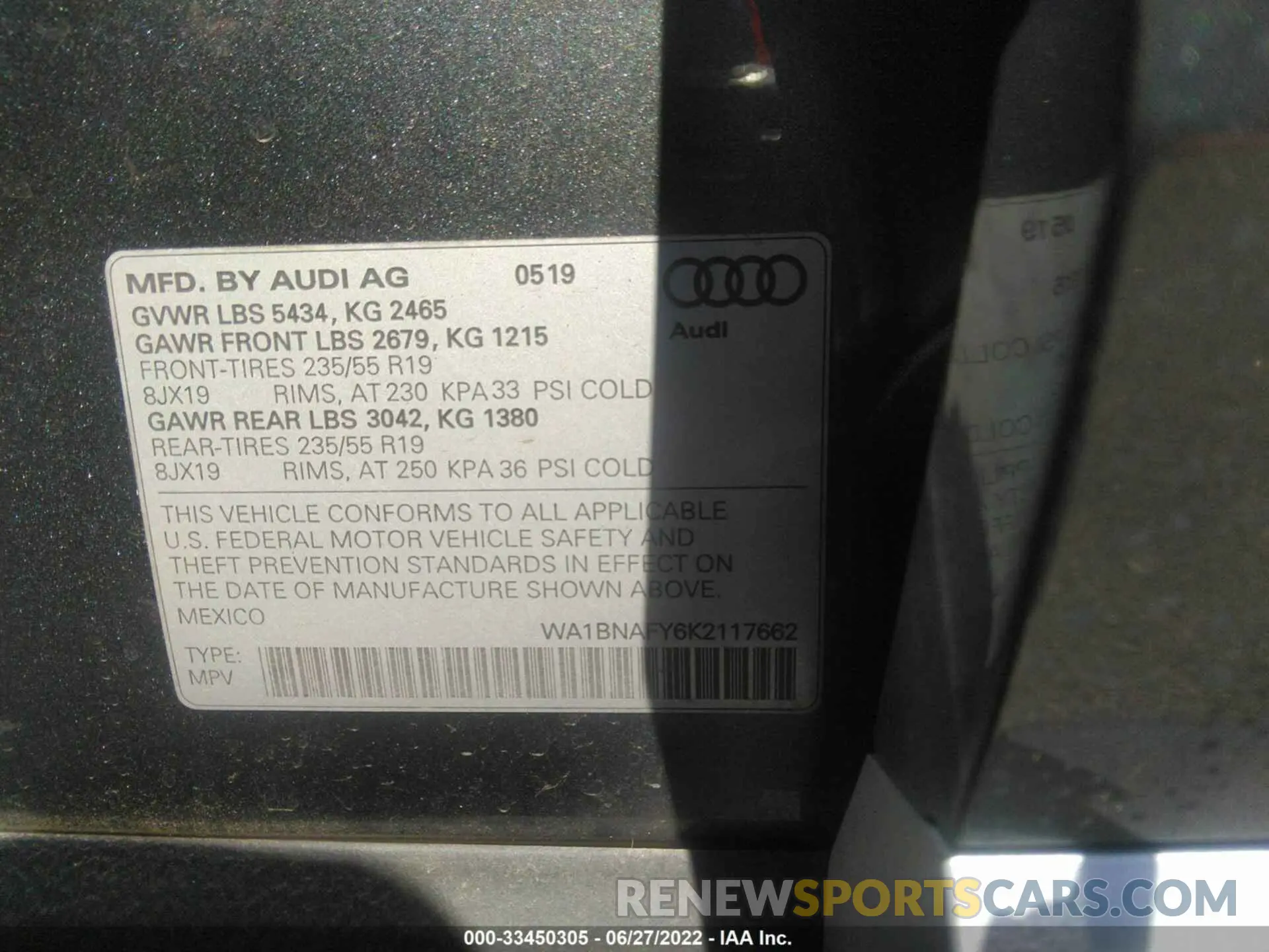 9 Photograph of a damaged car WA1BNAFY6K2117662 AUDI Q5 2019