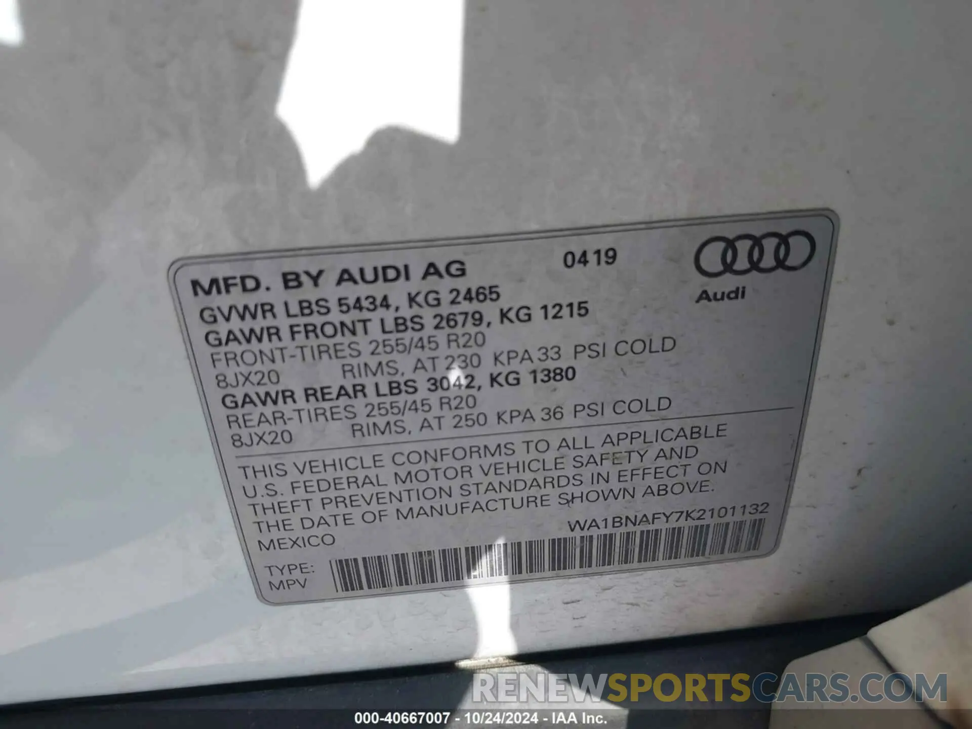 9 Фотография поврежденного автомобиля WA1BNAFY7K2101132 AUDI Q5 2019