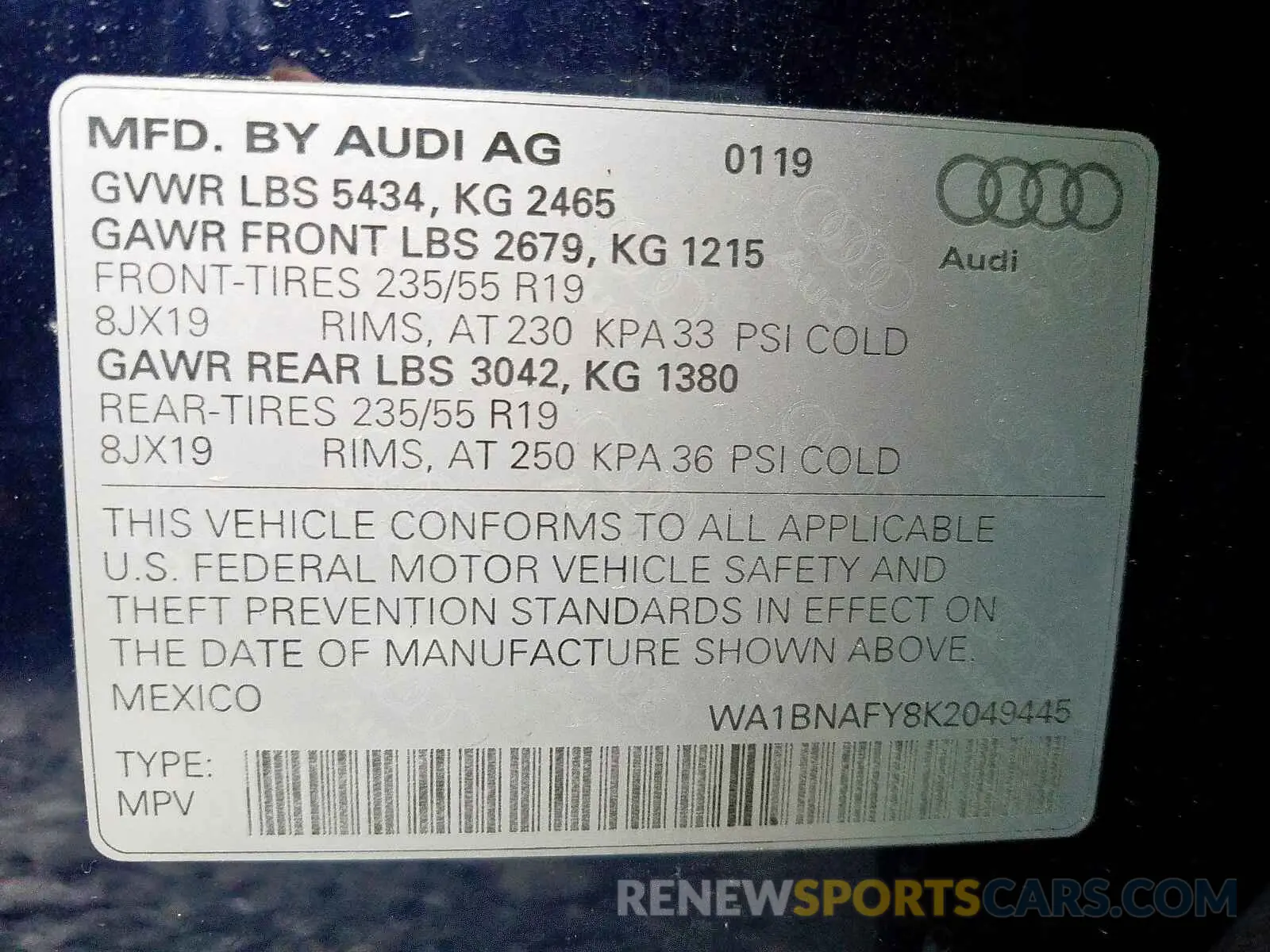 10 Photograph of a damaged car WA1BNAFY8K2049445 AUDI Q5 2019