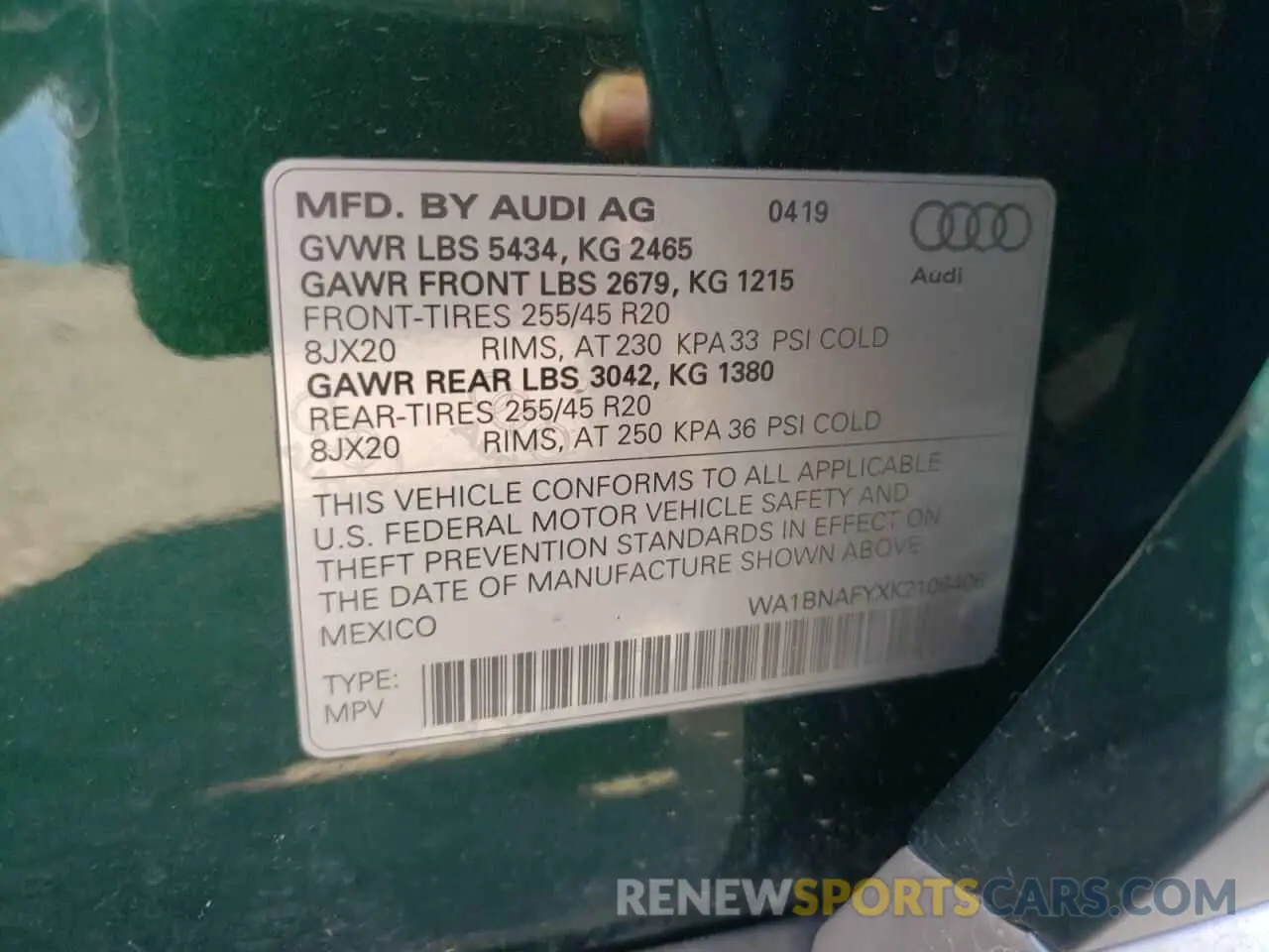 10 Photograph of a damaged car WA1BNAFYXK2106406 AUDI Q5 2019