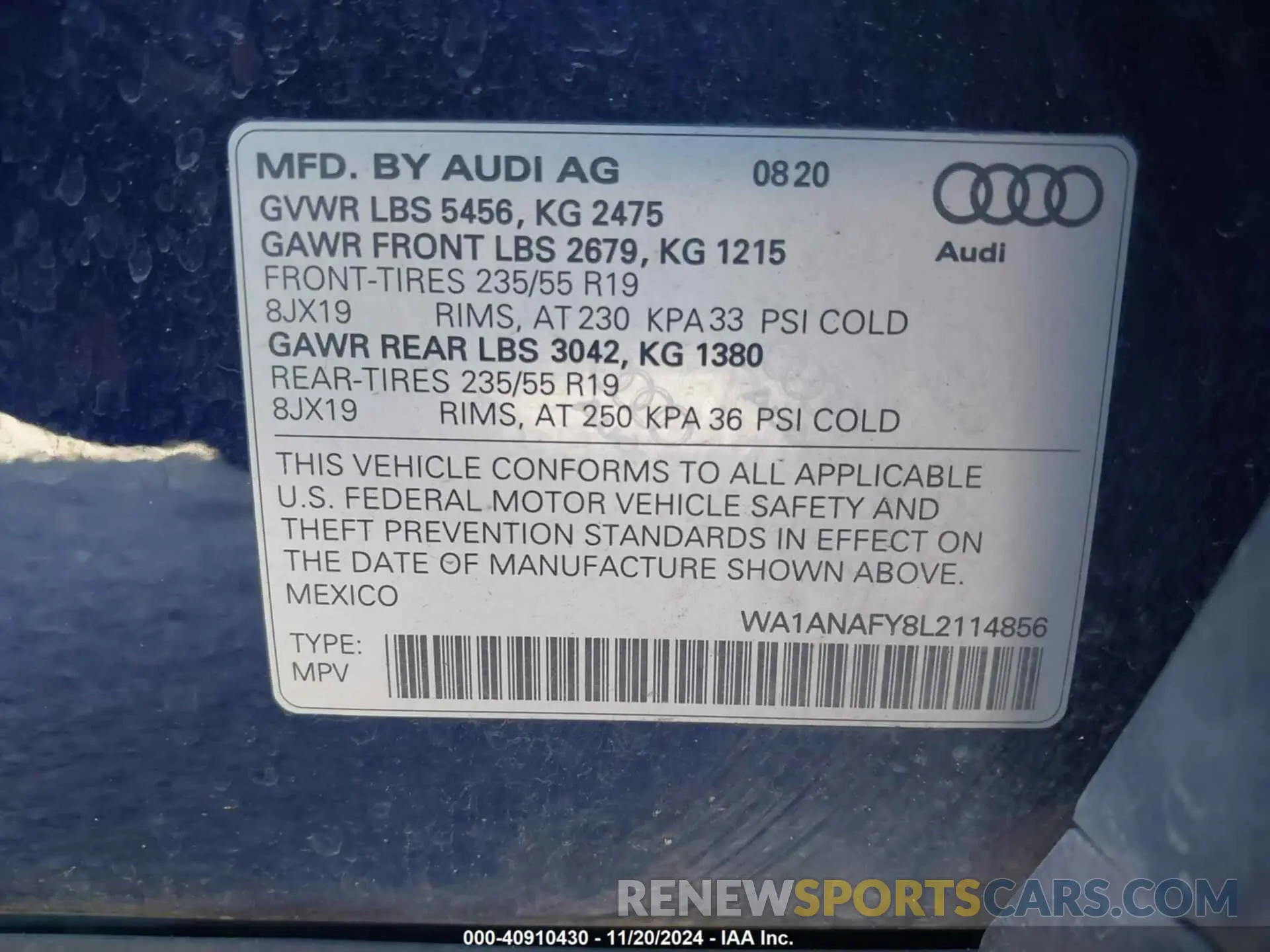9 Photograph of a damaged car WA1ANAFY8L2114856 AUDI Q5 2020
