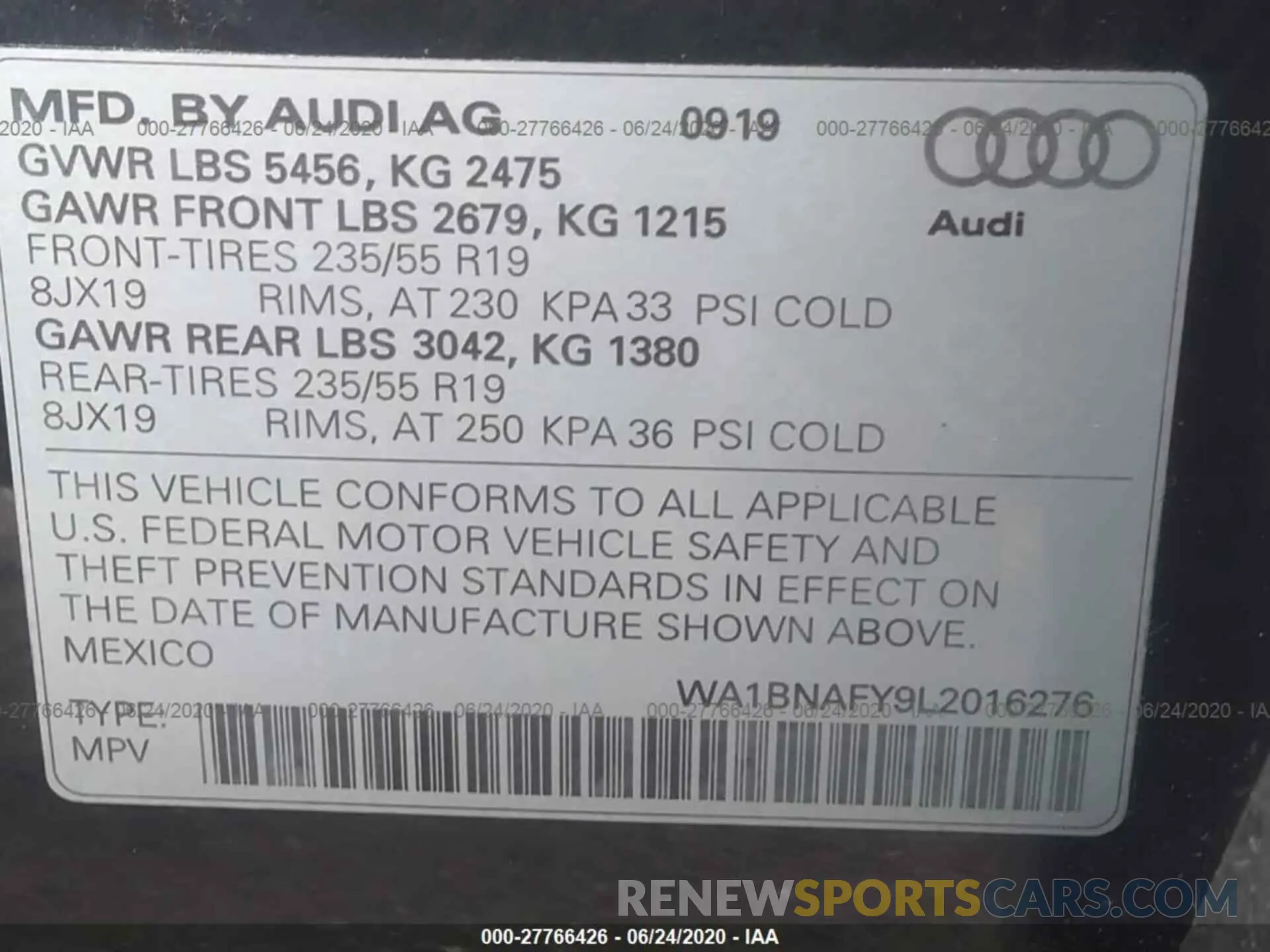 9 Photograph of a damaged car WA1BNAFY9L2016276 AUDI Q5 2020