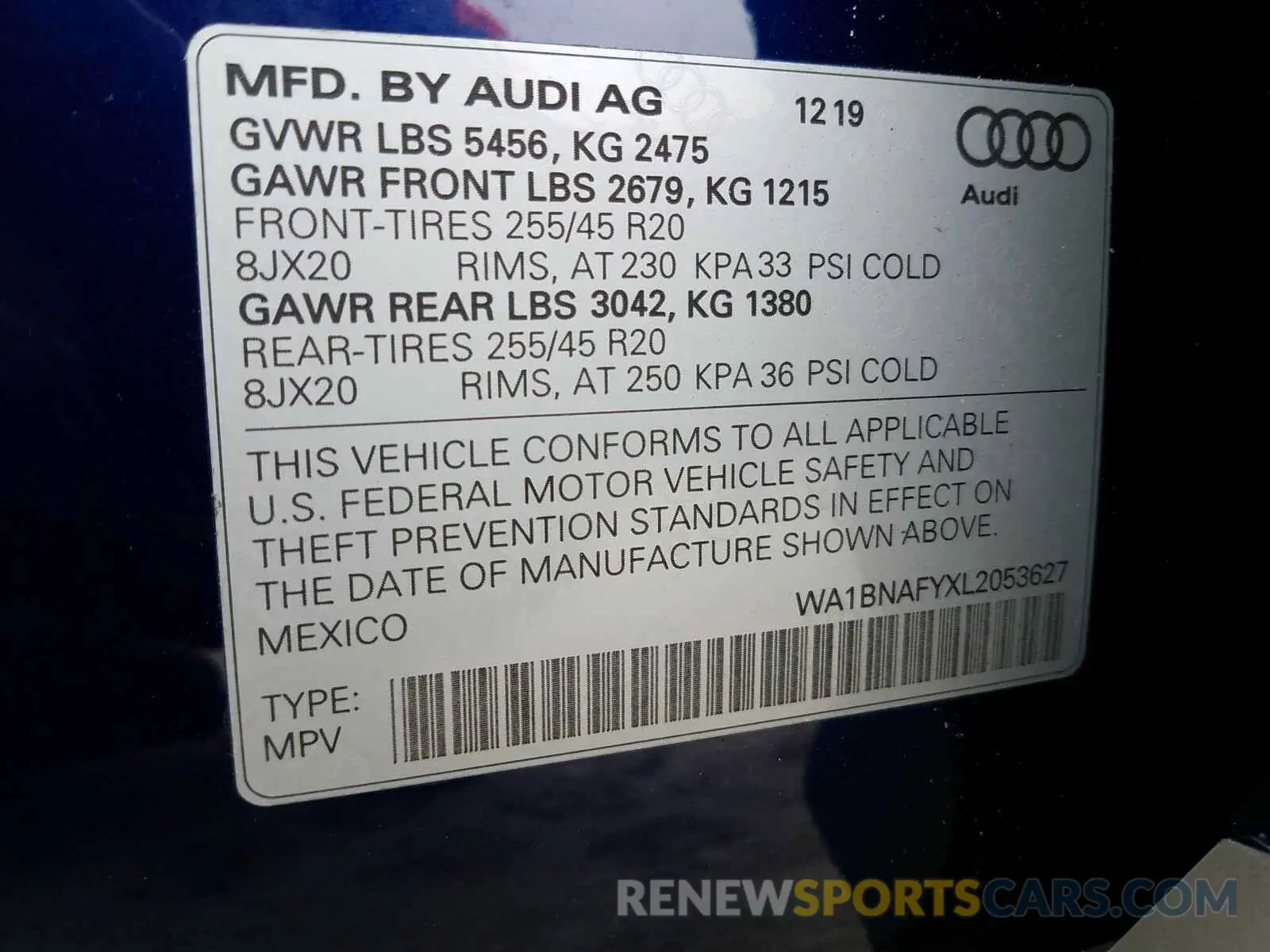 10 Photograph of a damaged car WA1BNAFYXL2053627 AUDI Q5 2020